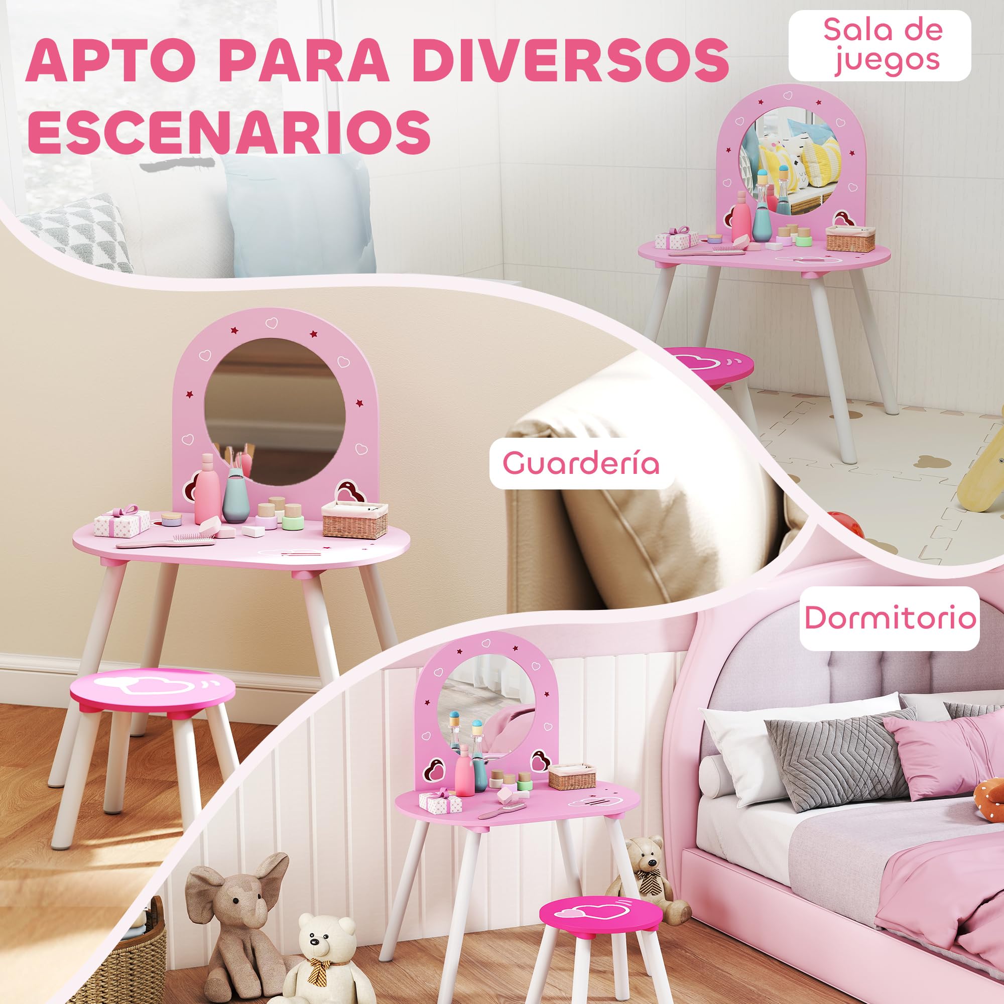 AIYAPLAY Tocador Infantil con Taburete y Espejo, Tocador para Niñas con Dibujos de Corazones, Mesa de Maquillaje para Niños y Niñas de 3-6 Años, Rosa