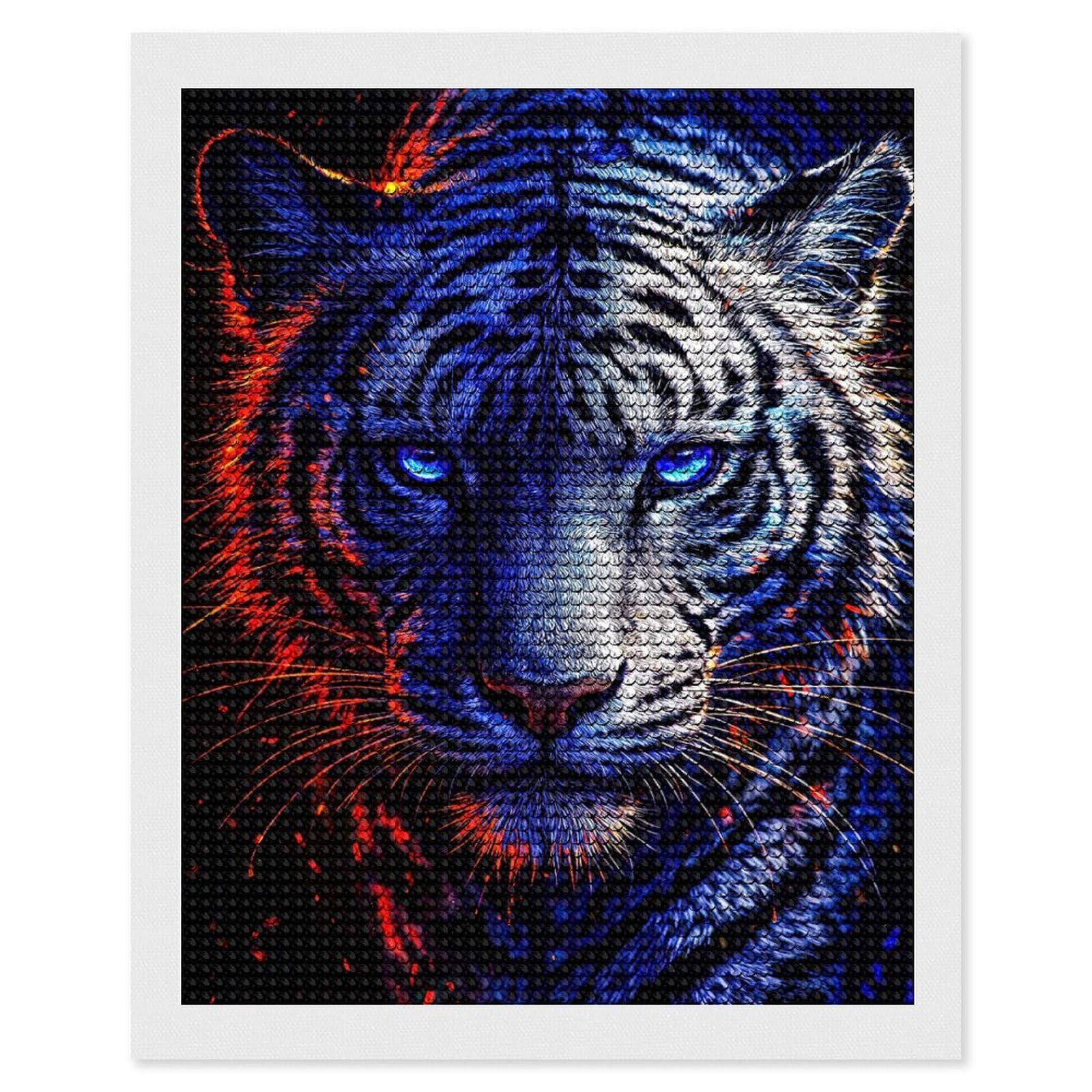 Junmoney Fiery Blue Tiger Portrait Diamond Painting Set 16"x20", for Adults, Decorate Your Room, Thoughtful Handmade Gift, Boho Decor, with Tool Kit