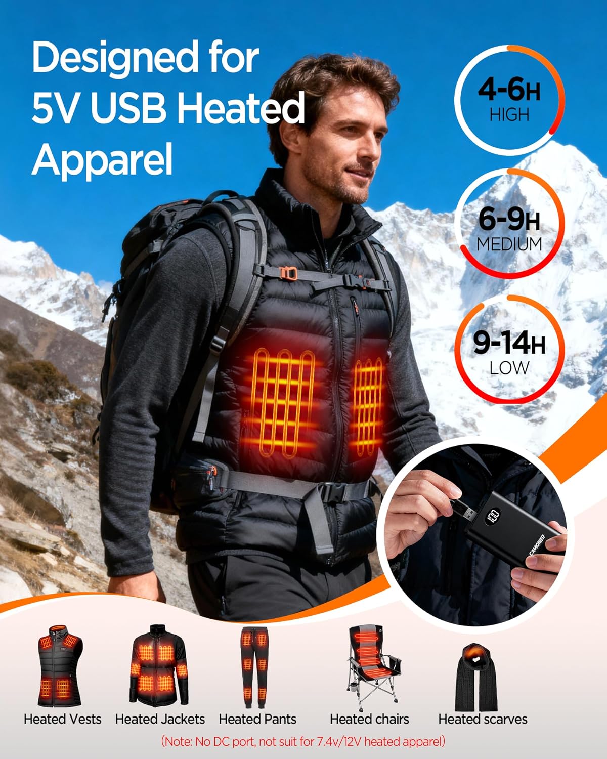 5V 3A/2A 10000mAh Heated Vest Battery Pack, Power Bank for Heated Vest,Chair, Jacket, Blanket with LED Display,Portable Battery Pack for Soleilwear, for KOVNLO, for Yolikeb, for TIDEWE - Image 2