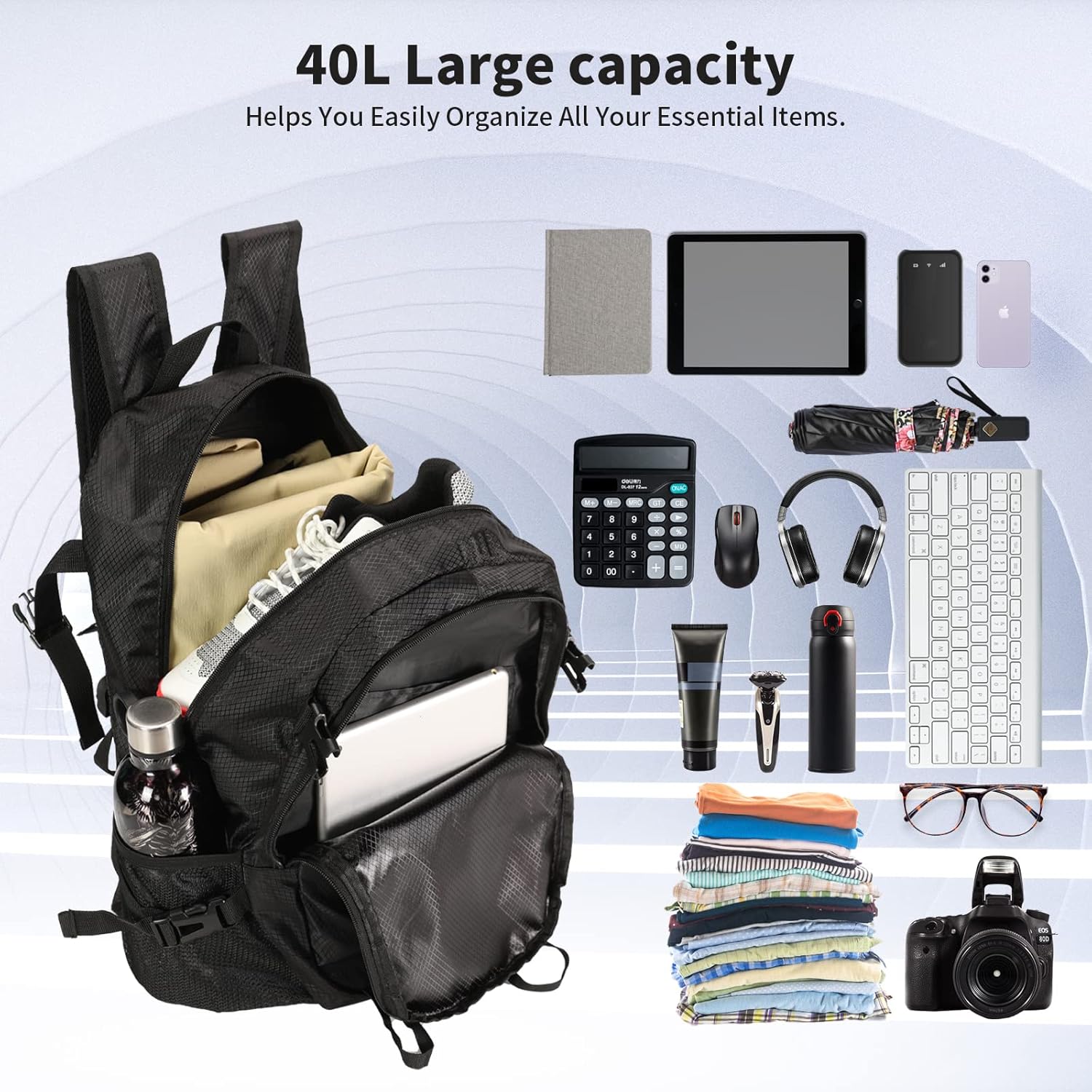 40L Hiking Backpack, Waterproof Lightweight Camping Backpack, FoldableTravel Backpack, Wear-Resistant, Breathable B-black