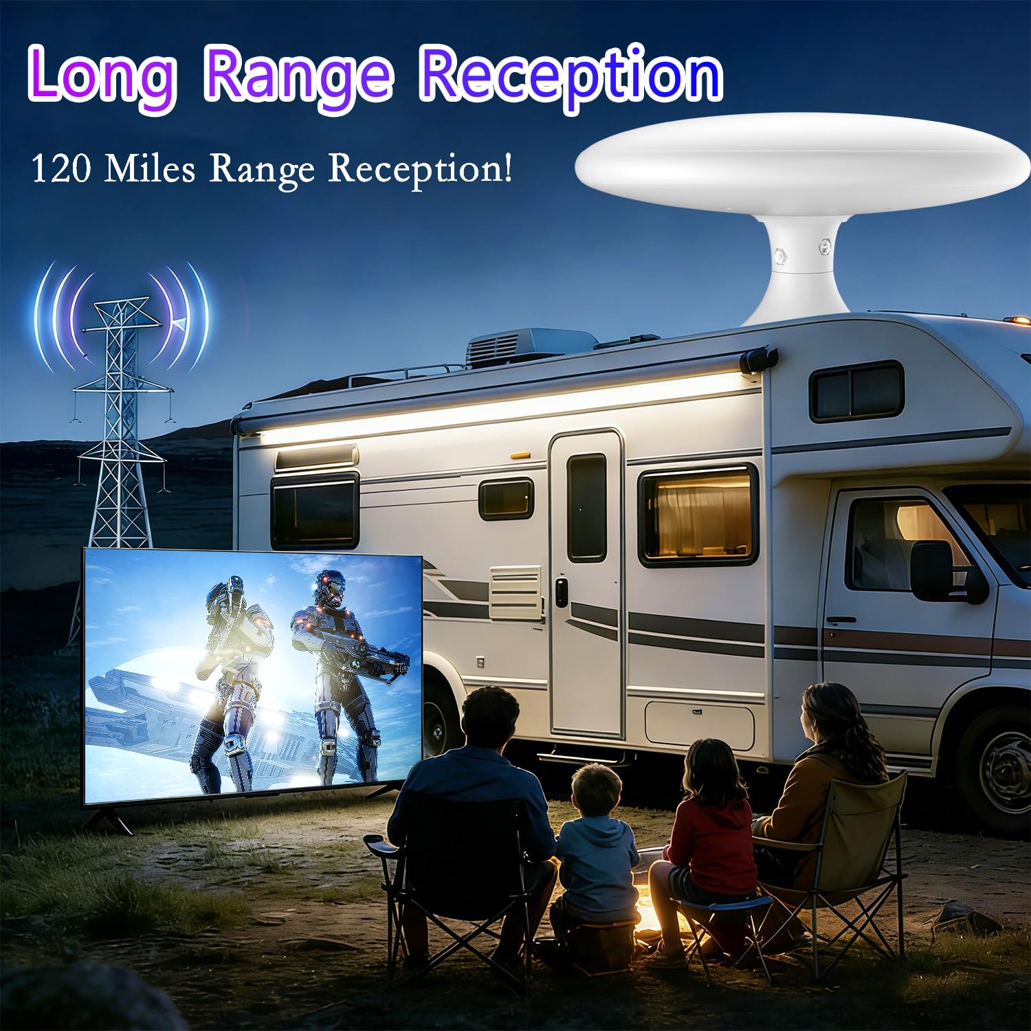 Antena de TV RV con señal amplificada, antena de TV digital HD para exteriores con recepción de largo alcance, fácil instalación, para caravana, remolque, camión, caravana, barco (blanco)