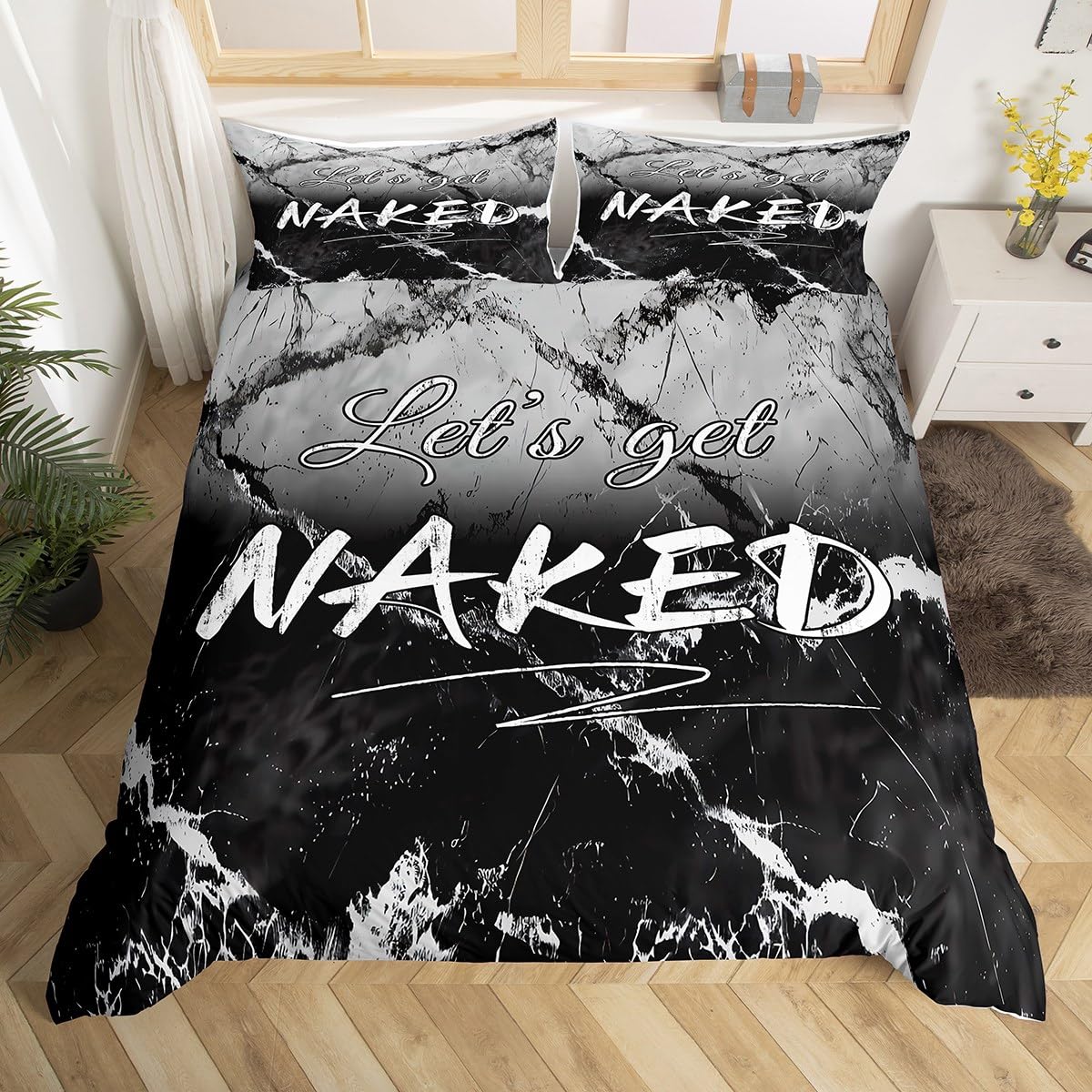 Loussiesd Let's Get Naked Pattern Duvet Cover with Boys Girls Black Marble Bedding Set Junior/Cot Bed Size for Kids Women Men Modern Marble Aesthetic Abstract Art