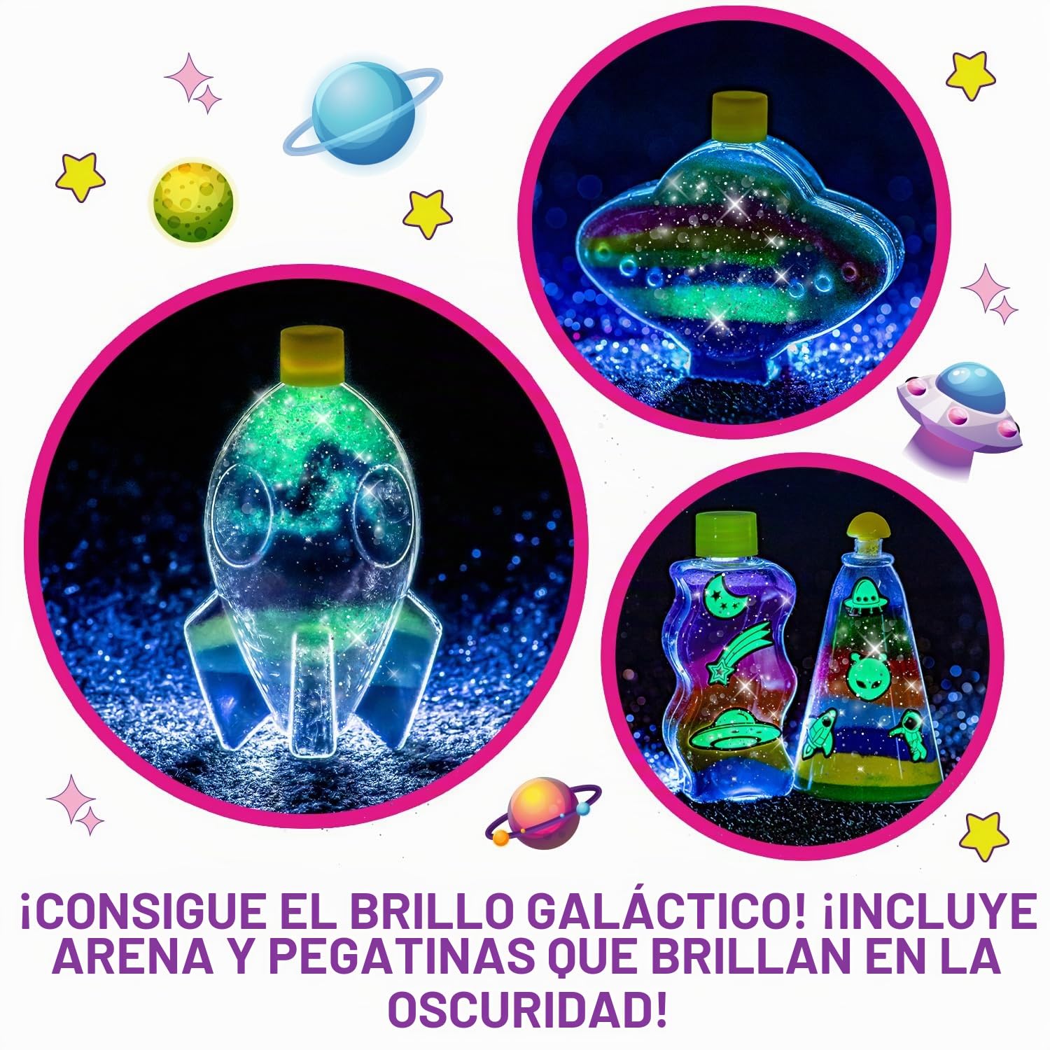 GirlZone Kit de Arte con Arena de Galaxia Brillante, Arena Mágica de Colores Kit Manualidades y Juegos con Arena Galáctica Kit de Arte Regalos Niños