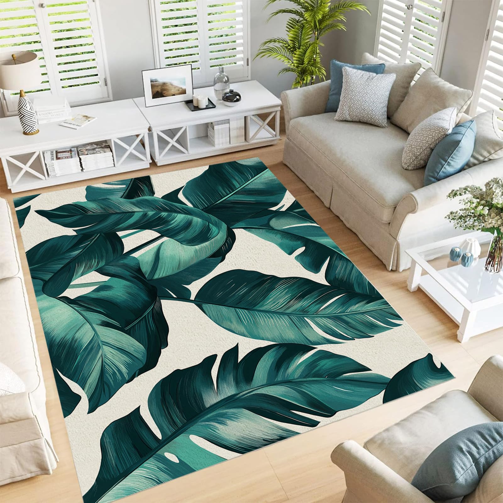 Grand tapis de salon lavable et doux motif feuilles vertes vintage