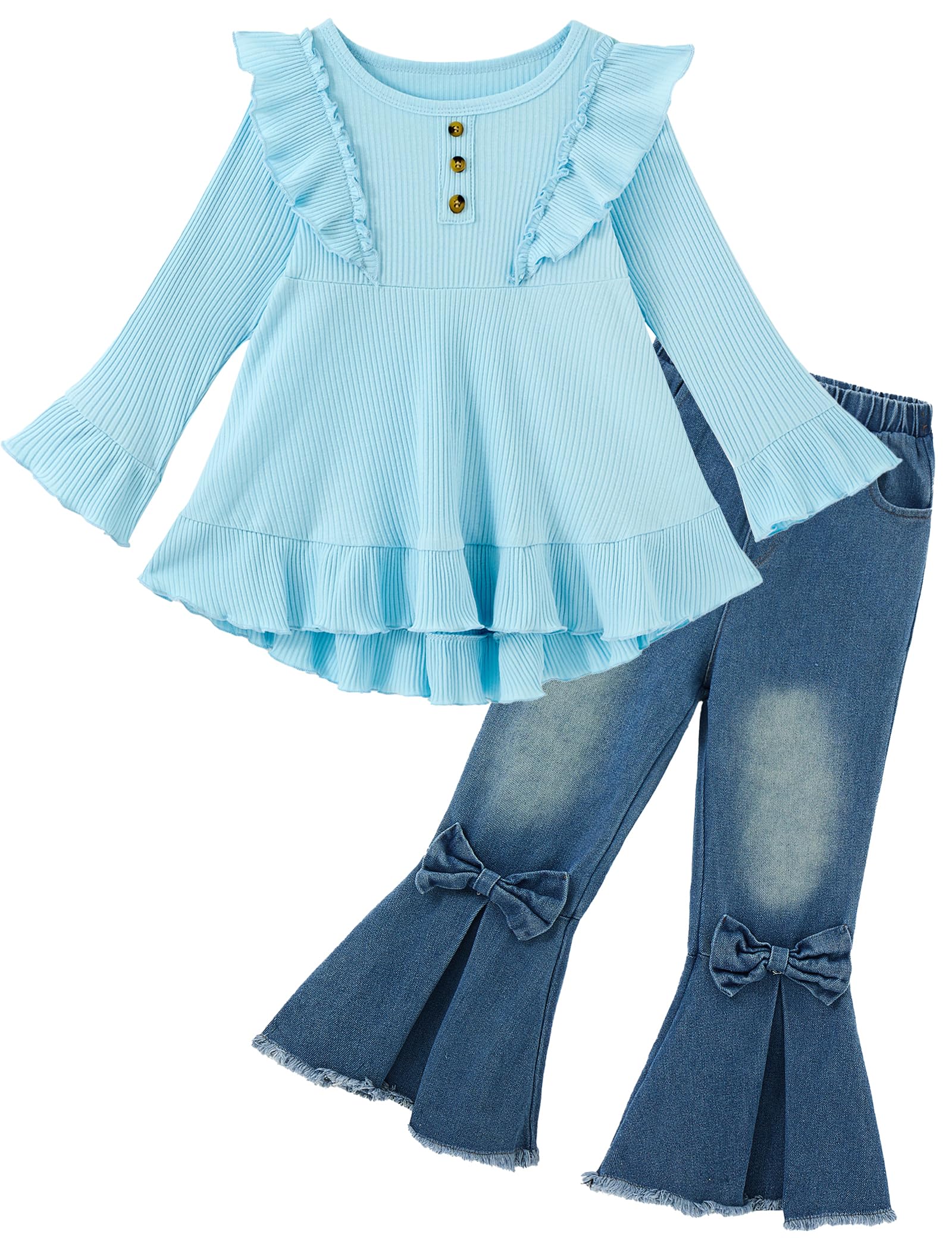 Auiopila Kids Toddler Girl Clothes Solid Color Ruffle Sleeve Top and Flare Jeans Pants 2Pcs Fall Winter Girl Outfits