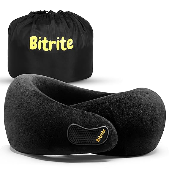 BITRITE Travel Neck Pillow | Premium Memory Foam Travel Pillow for Flights & Car Sleeping | Adjustable Head Rest, Neck Pillow for Flight Travel, Travel Pillow | Black, Pack of 1