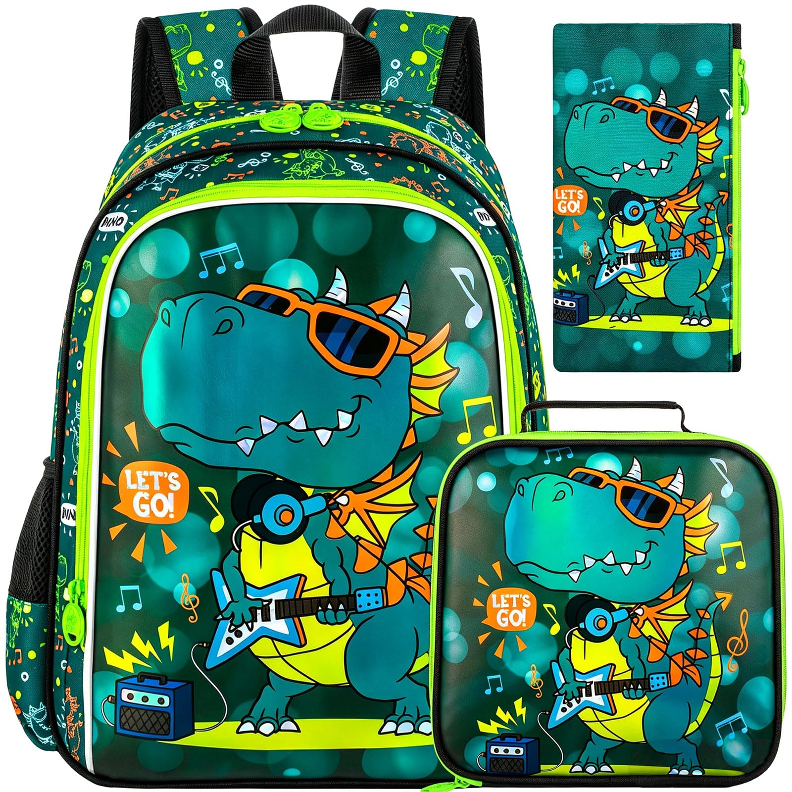 16" Dinosaur Backpack for Boy, 3Pcs Kids School Bookbag for Elementary Preschool Kindergarten, School Backpacks with Lunch Box(Green)