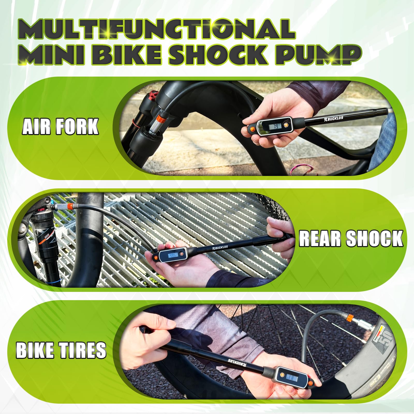 BUCKLOS Bike Shock Pump Mountain Suspension Air Fork Rear Shock 320Psi Digital Gauge Bicycle Tire Pump Scharder Presta Valve for MTB/Road Bikes Handheld Accessories Tool