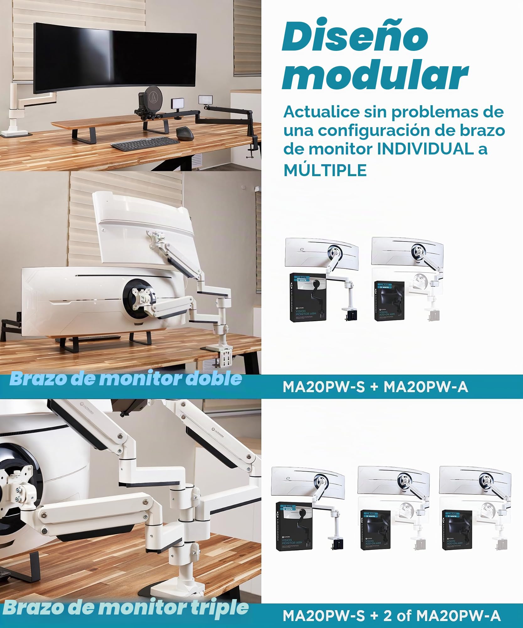 ULTRARM Brazo para Monitor Curvo ultrawide, Resistente, diseño Modular | Máx. 57", 20 kg, pantallas 900R, VESA 100x100, altura ajustable neumática, pinza C y pasacables, Blanco, MA20PW-S