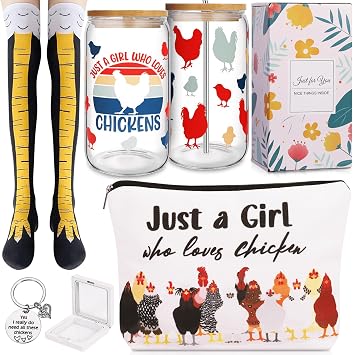 4PCS Funny Chicken Gifts Set, Chicken Lovers Set with 16 oz Chicken Glass Cup Funny Chicken Feet Socks Makeup Bag Keychain Birthday Christmas Gift Box