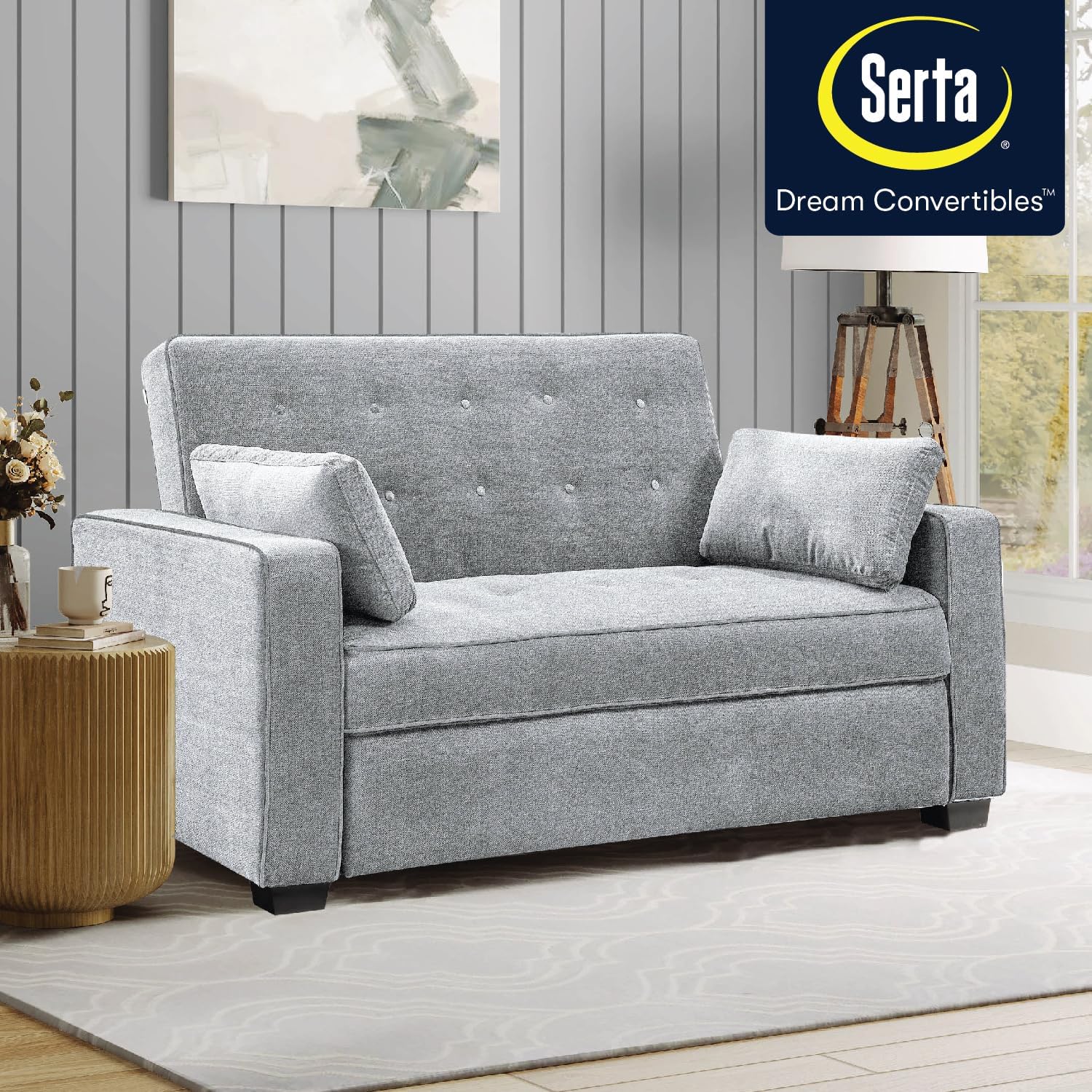 Serta Ainsley 72.6" Convertible Sleeper Sofa, Queen Size, Dreamcoil Comfort, Soft Woven Fabric, Light Grey