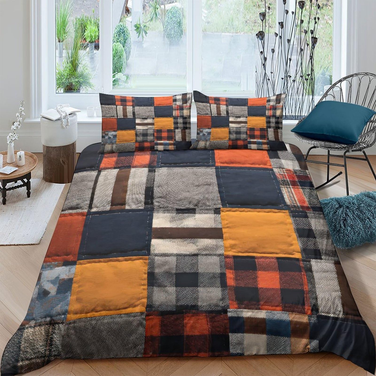 GPLZQXKJNH 3D Printed Patchwork Plaid Duvet Cover Set Microfiber Soft Breathable Checked Bedding with 2 Pillowcases for Bedroom Single（135x200cm）