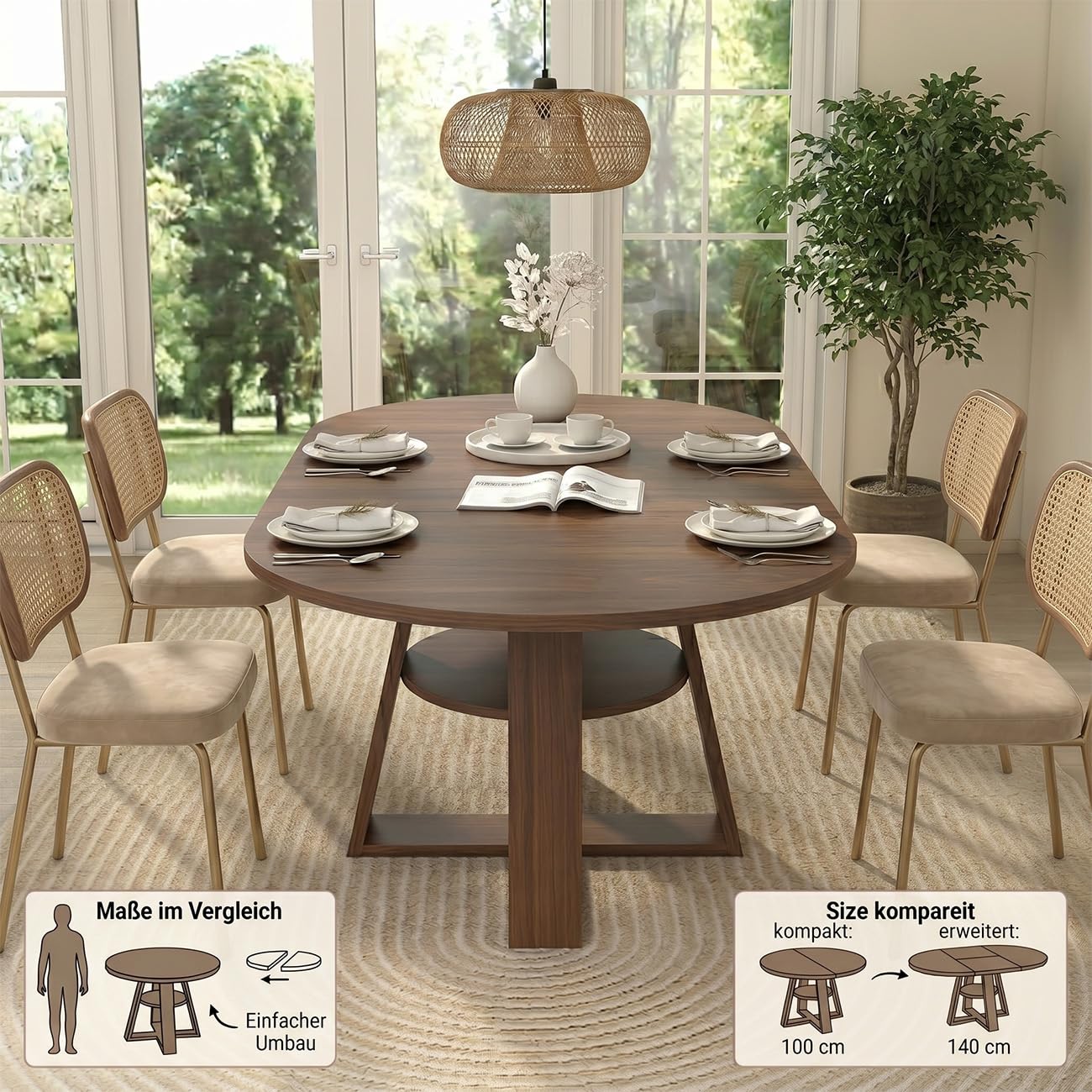 Esstisch Rund Ausziehbar, 100-140cm Moderner Küchentisch Holz, Esszimmertisch Oval für 4-6 Personen, Wohnzimmertisch mit Offenen Ablagen für Küche, Esszimmer und Wohnzimmer