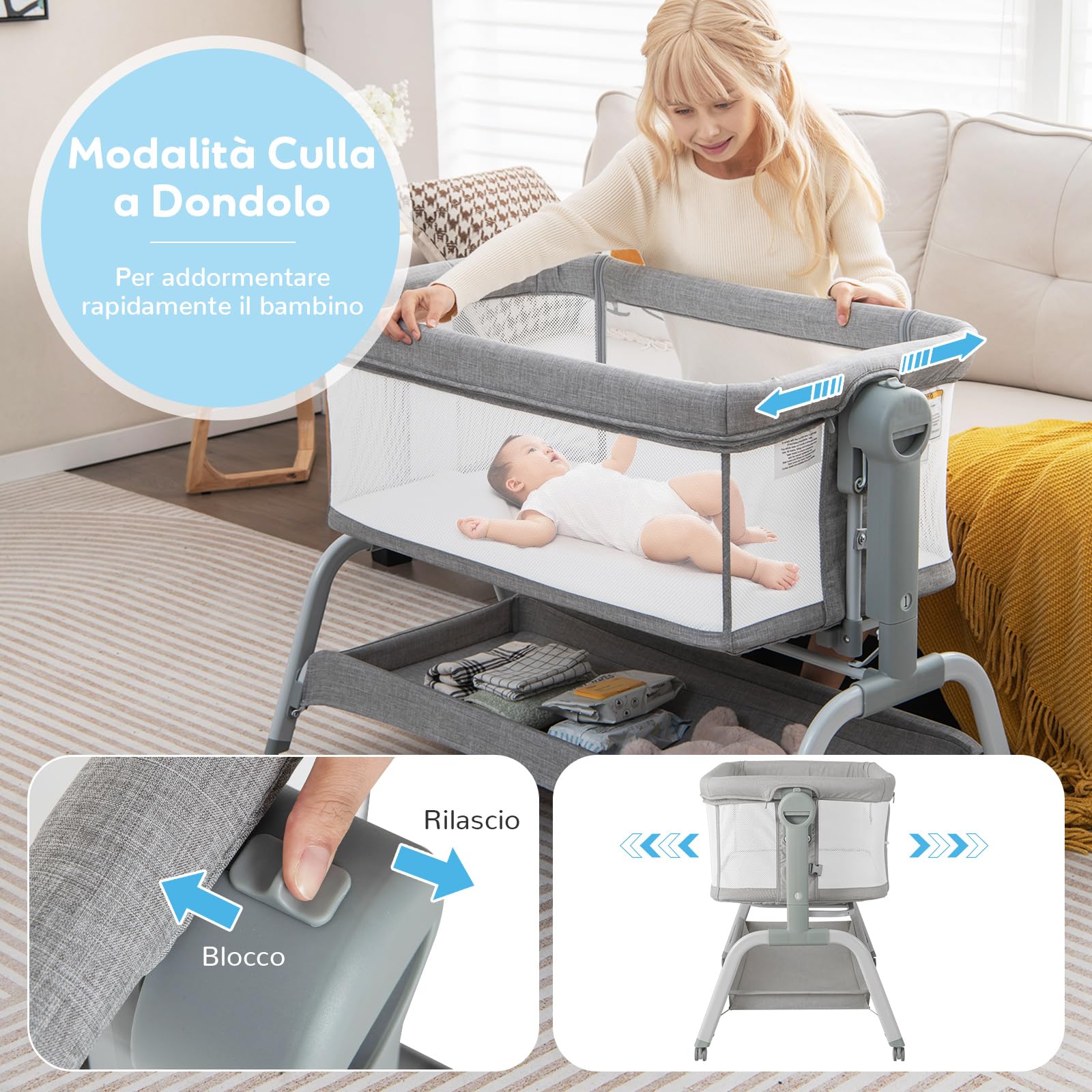 RELAX4LIFE 3 in 1 Culla Neonato Fianco Letto, Culla da Campeggio con Materasso, Cinghia Fissaggio e Zanzariera, Regolabile In Altezza 6 Posizioni, Borsa per il Trasporto, per Bambini 0-6 Mesi (Grigio)