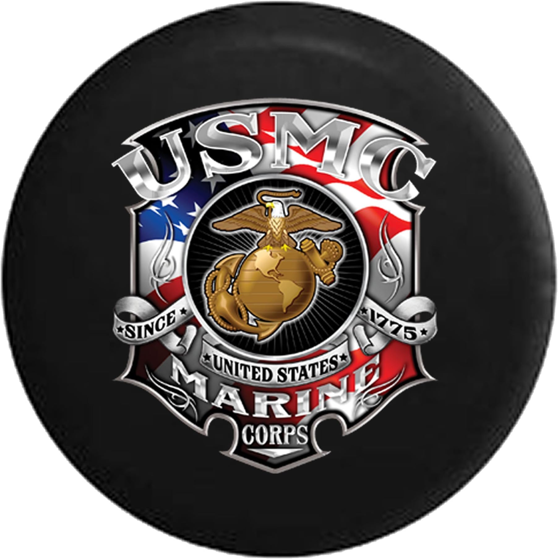 USMC Marine Corp Since 1775 American Flag Shield Crest Golden Eagle Spare Tire Cover Fits All SUV Camper RV Tire Covers Black Size 32 inch