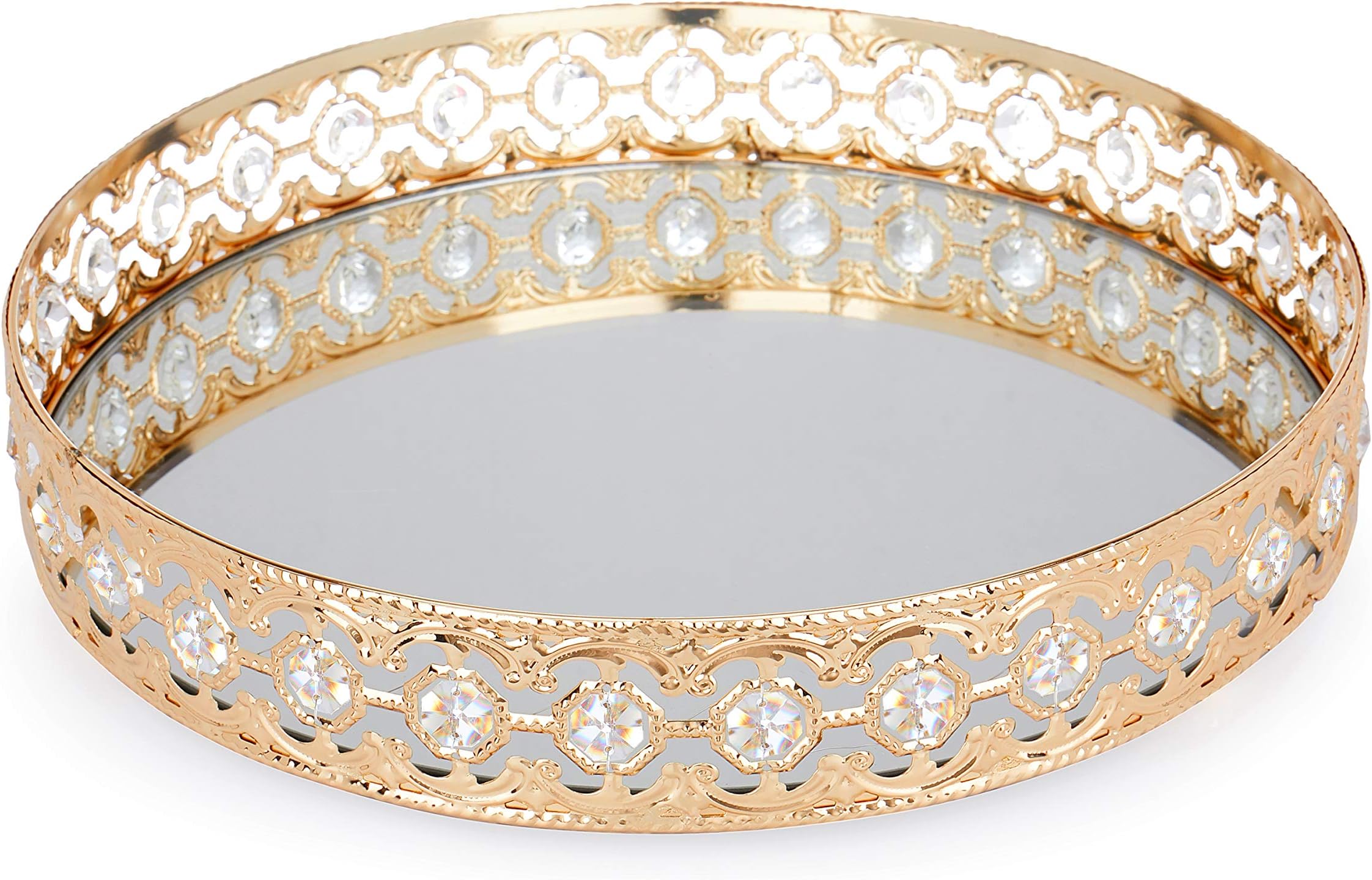 ADOUS HOUSE Glass Mirror, Metal Mirrored Ornate Decorative Tray Jewelry, Tray 12'' x 4'' - Champagne Gold Finish