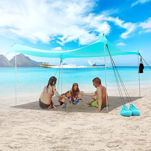 ABXMAS Beach Shade Canopy - Windproof Beach Tent UPF50+, Portable Outdoor Sunshade for Family, Couples - Shelter with 2 Aluminium Pole and 8 Sandbags for Beach Camping Fishing Picnics Park(7×7FT)