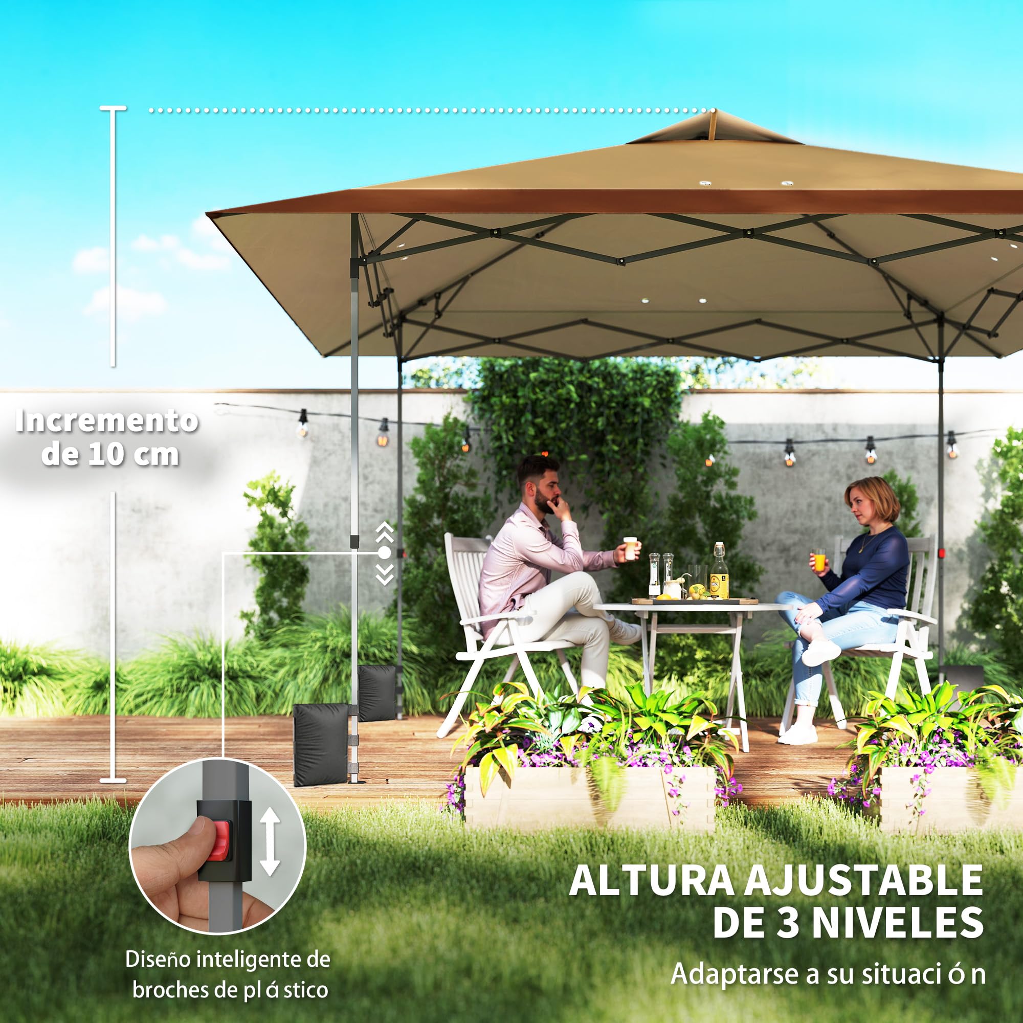Outsunny Carpa Plegable Pop-up Gazebo 4x4 m Bloqueo Central Beige y Café | Cenador Plegable, UPF50+, Altura Ajustable, 4 Bolsas de Arena, Bolsa de Transporte con Ruedas, Camping, Fiestas
