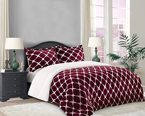 Elegant Comfort Colección Luna Ogee Pattern de 3 piezas, edredón sherpa reversible, tela suave, transpirable y acogedora, microgamuza, edredón
