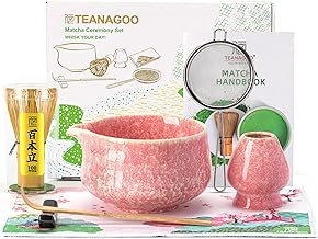 TEANAGOO Ensemble de 7 fouets à matcha rose, kit de matcha de cérémonie, service à thé matcha pour faire du latte, bol en céramique (chawan) avec bec verseur et fouet, cadeau pour les amateurs de