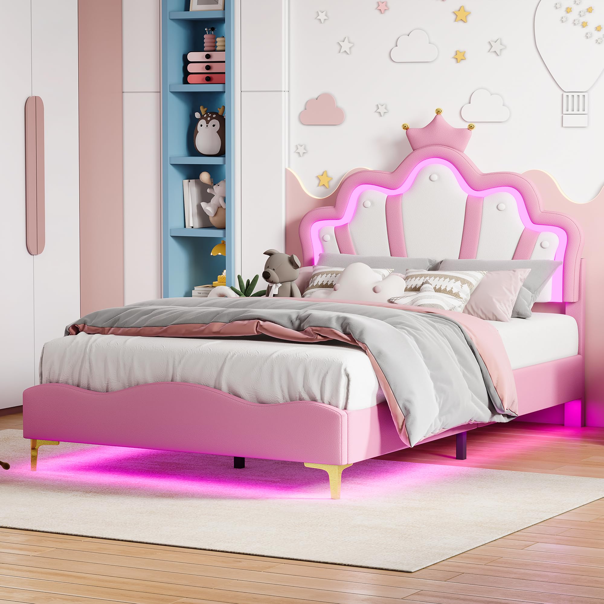Lit Enfant 140x190 en Forme de Couronne Princesse, Lit avec LED et Tête de Lits Réglable, Cadre Lits 1 Place en Nuages pour Ado, Rose PU