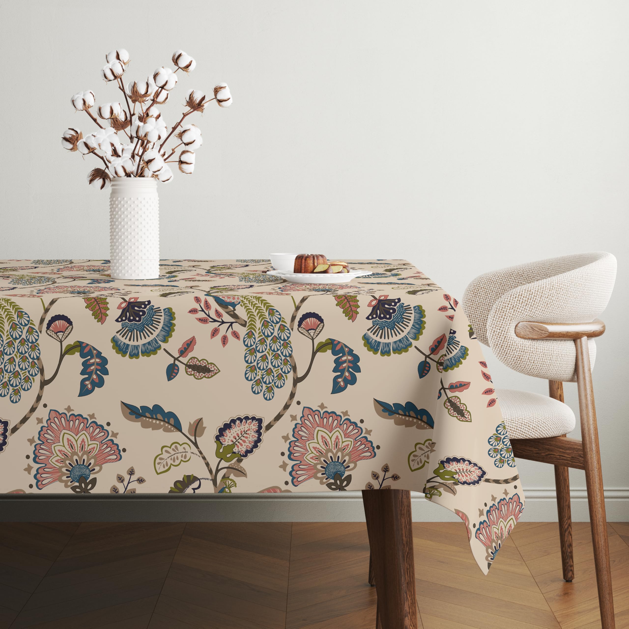 Cotton Rectangular Dining Table Cover for 6 Seater, Printed Table Cloth for Dining/Center Table, for Home Décor (Size - 90" x 60", BeigeAnokhi)-image-21