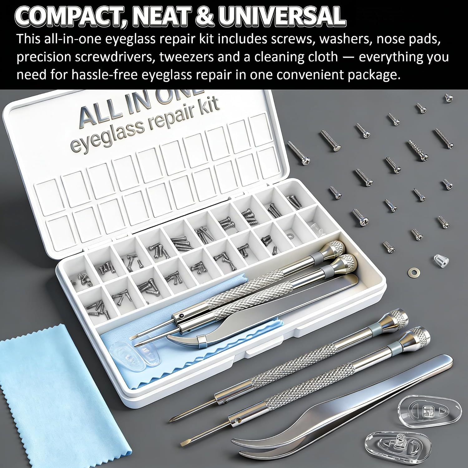Eyeglass Repair Kit with 18 Sizes Screws, 1.4mm Precision Screwdrivers, Tweezers, Nose Pads & Cloth - Compact Eye Glass Repairing Kit for All Eyewear Types