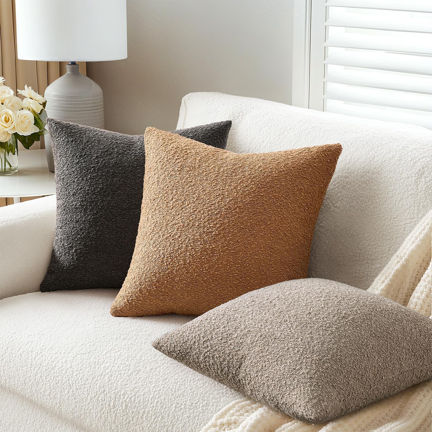 ANRODUO Pack of 2 Textured Boucle Throw Pillow Covers Soft Tobacco Brown Euro Decorative Accent Solid Pillow Cases Cozy Modern Couch Cushion Case for Sofa Bedroom Living Room Home Decor, 22 x 22 Inch