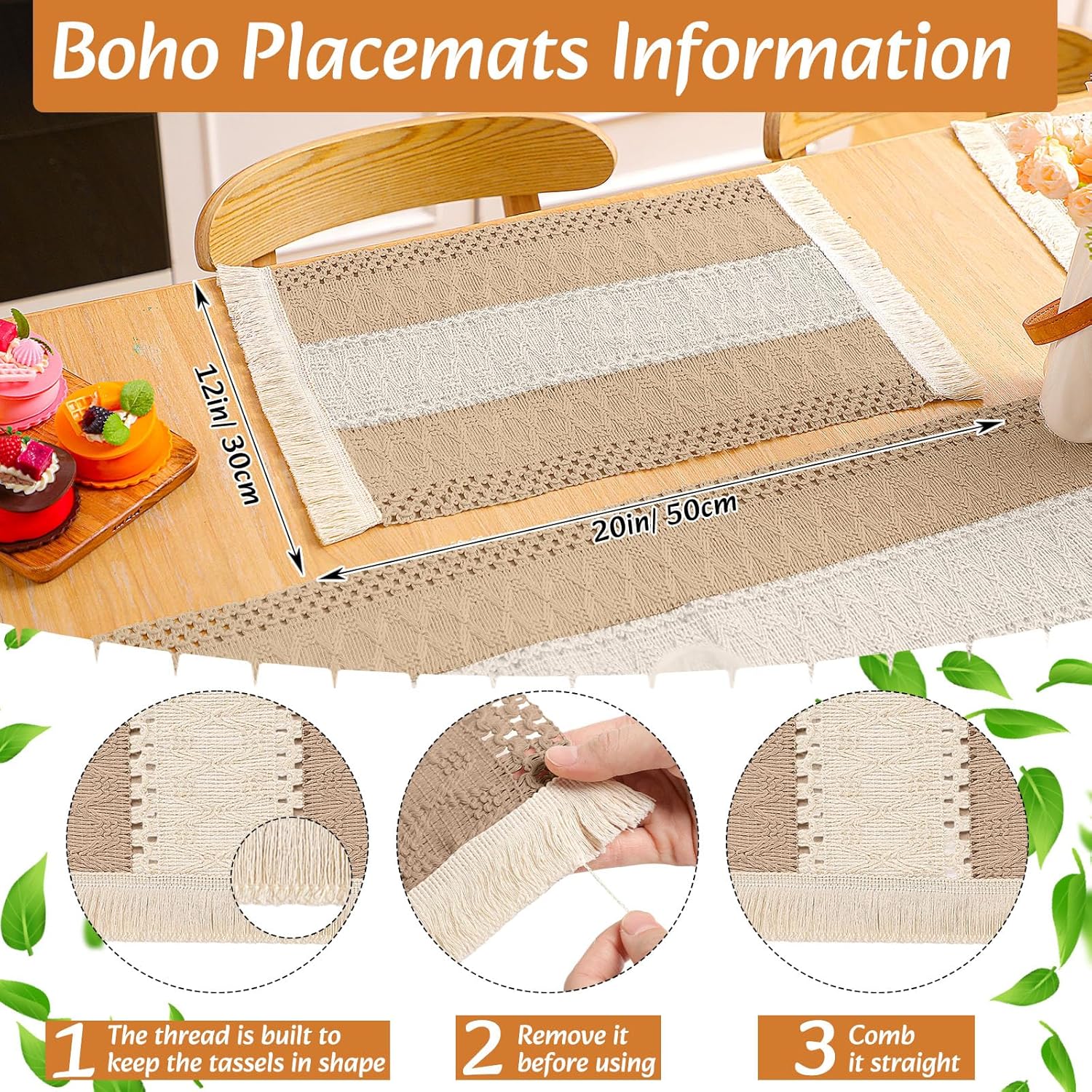6 Sets Boho Decoration Placemats Round Woven Placemats, Cloth Napkins, Wood Bead Napkin Rings, Long Table Runner and Farmhouse Burlap Cotton for Table Kitchen (Neutral,12x72)