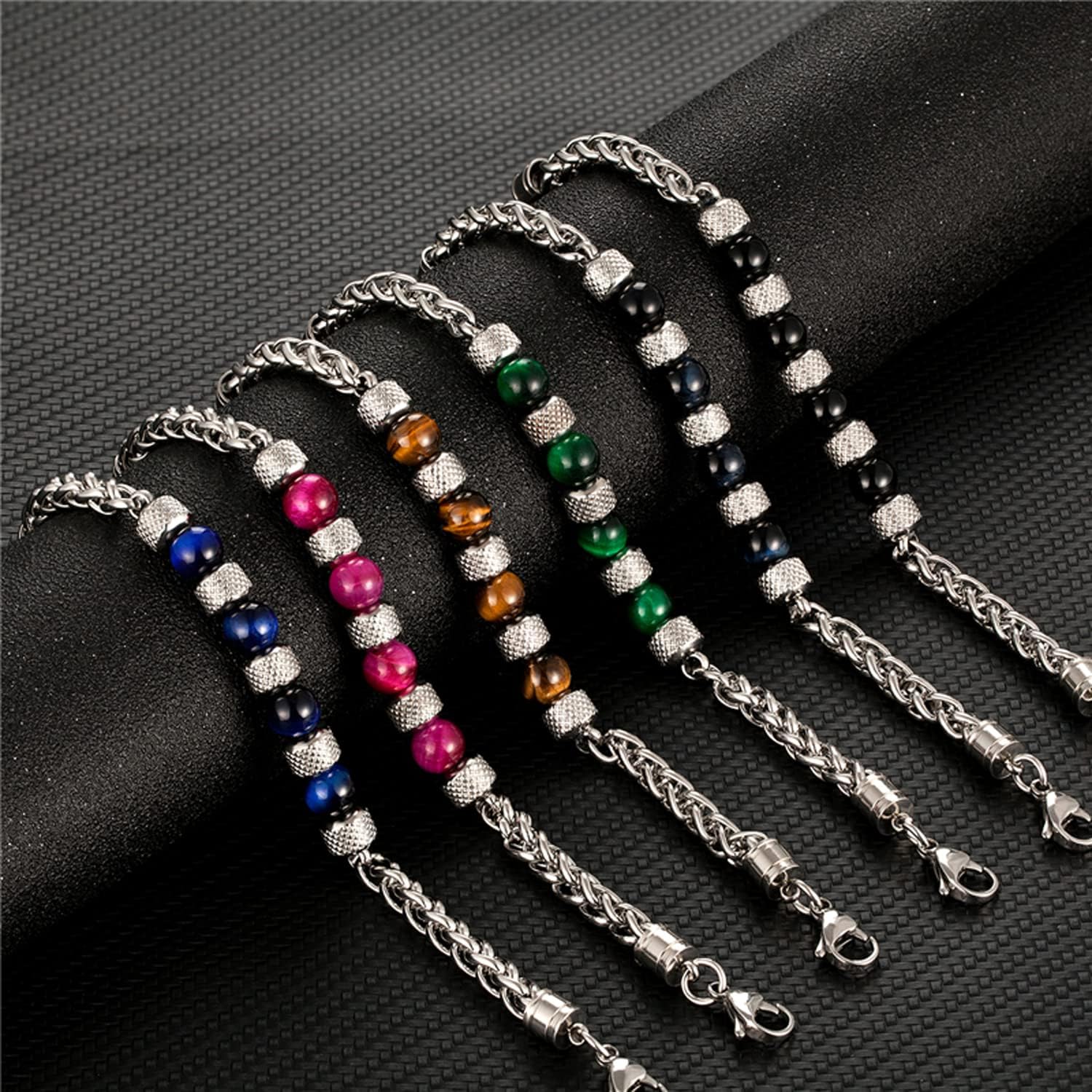 Fashion Women Men Charm 8MM Natural Stone Strand Bracelets Stainless Steel Link Chain Bangles Tiger eye Beaded Yoga Bracelet Male Jewelry - Image 6