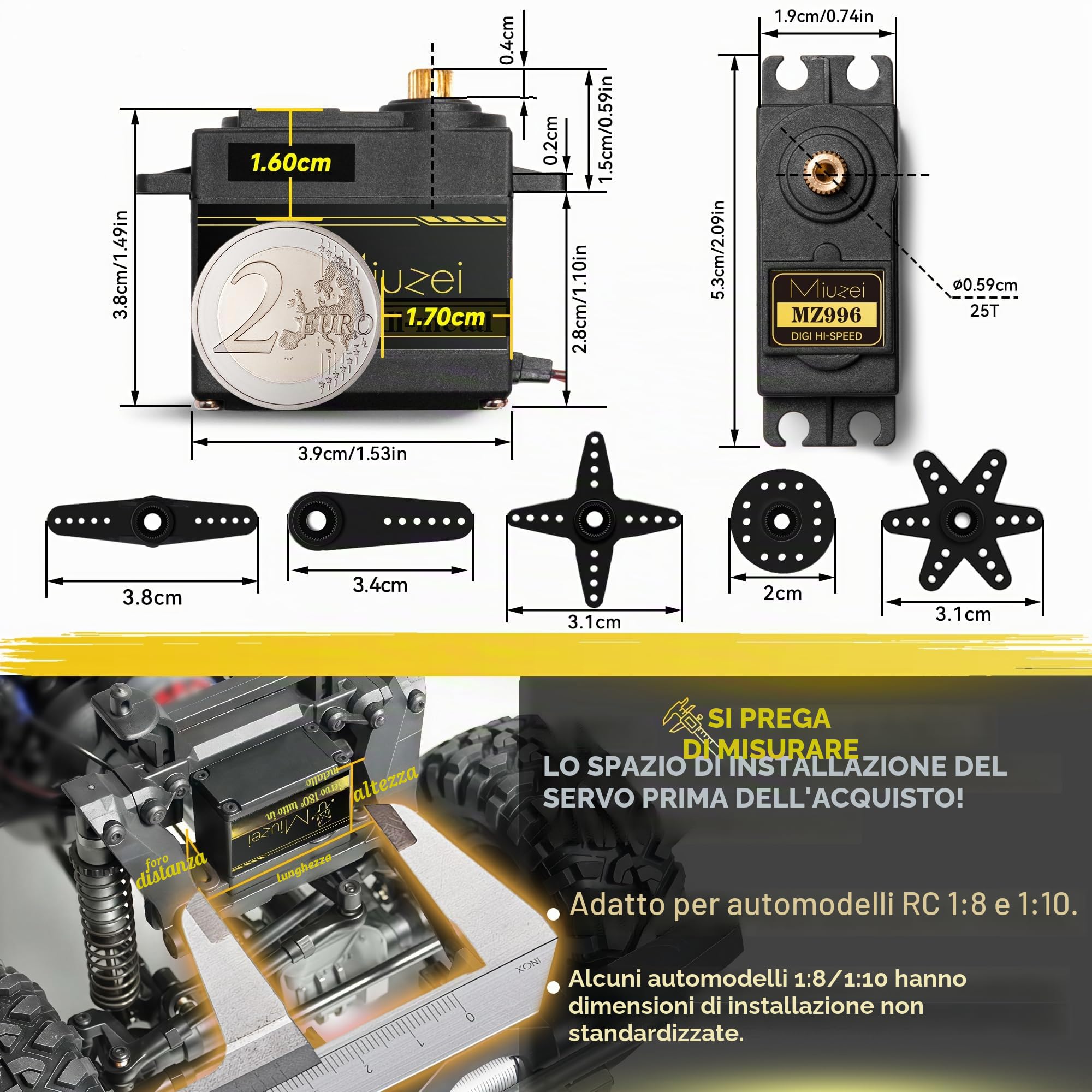 Miuzei Servo Motore Digitale 15 kg Servomotore Pieno Rame Metallo Cambio per Arduino Micro Servo Motori 180° per Auto Servocomando RC 1/10 1/8 Aereo Barca Robot Elicottero
