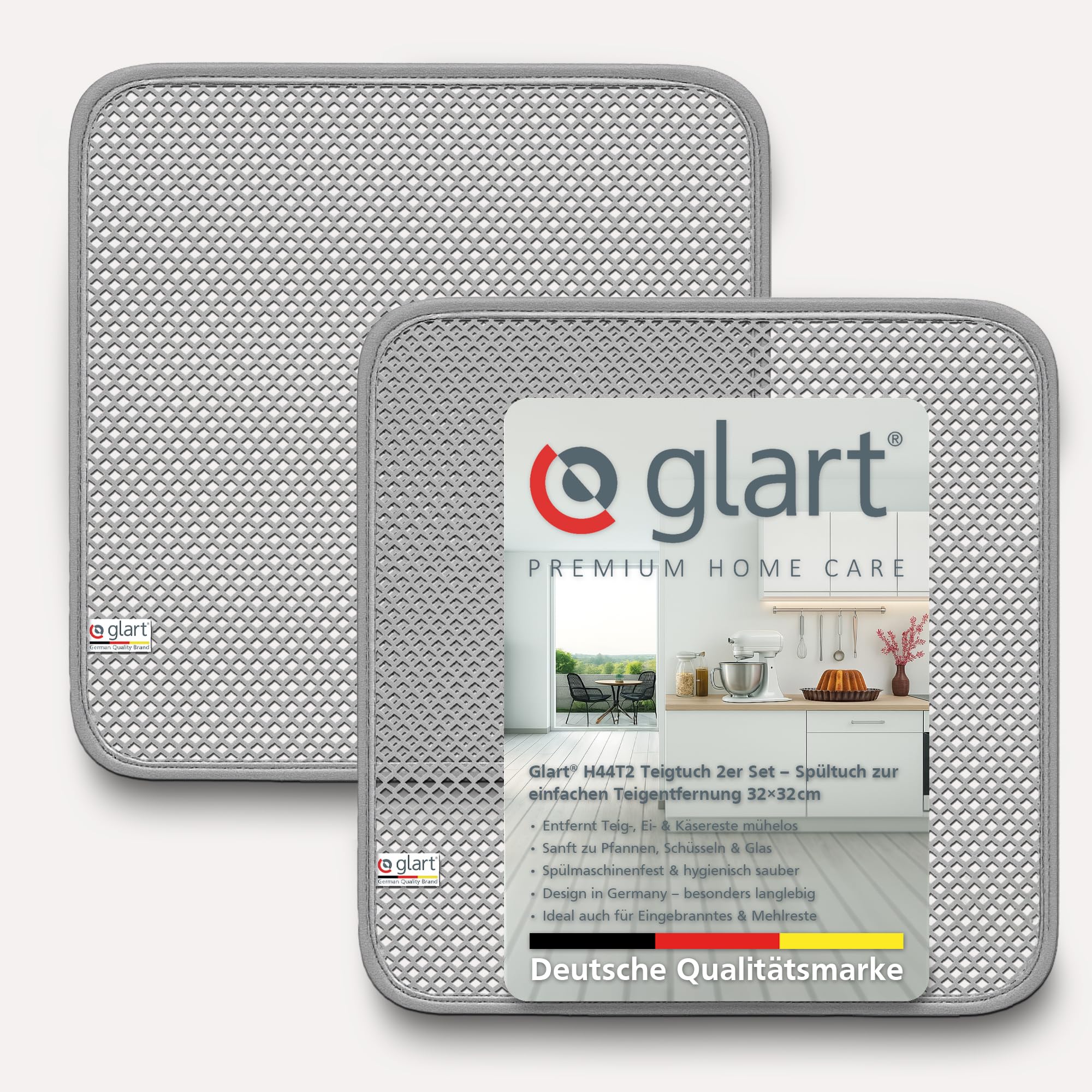 Glart H44T2 2er-Set Teigreinigungstuch – je 32x32 cm – Ideal für Teigreste auf Schüsseln, Rührbesen, Edelstahl & Silikon – Wiederverwendbar, spülmaschinenfest, sanft & effizient