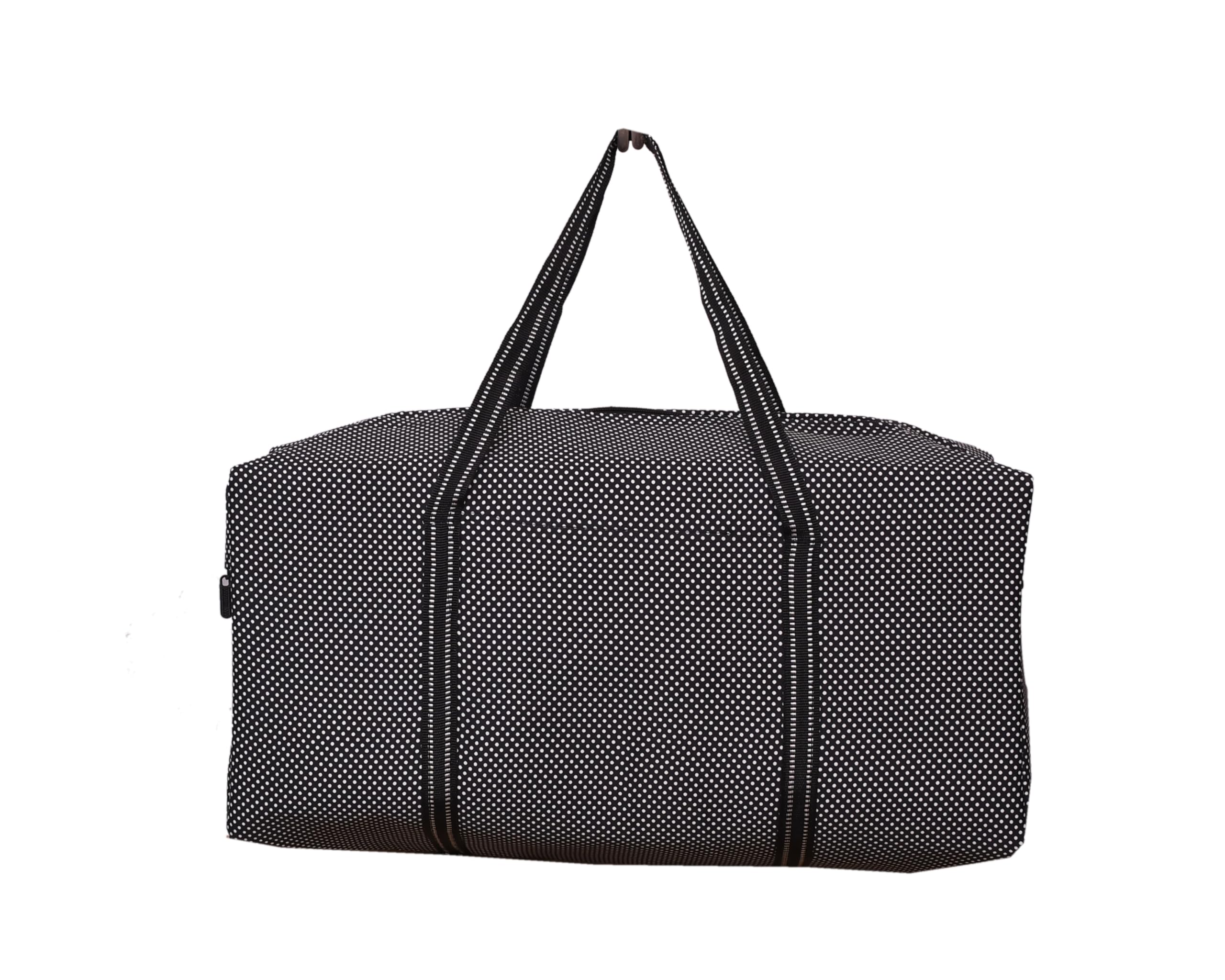 Large Travel Duffel Bag, Black and White Polka Dot Pattern, Foldable Weekender Tote with Dual Handles-image-14