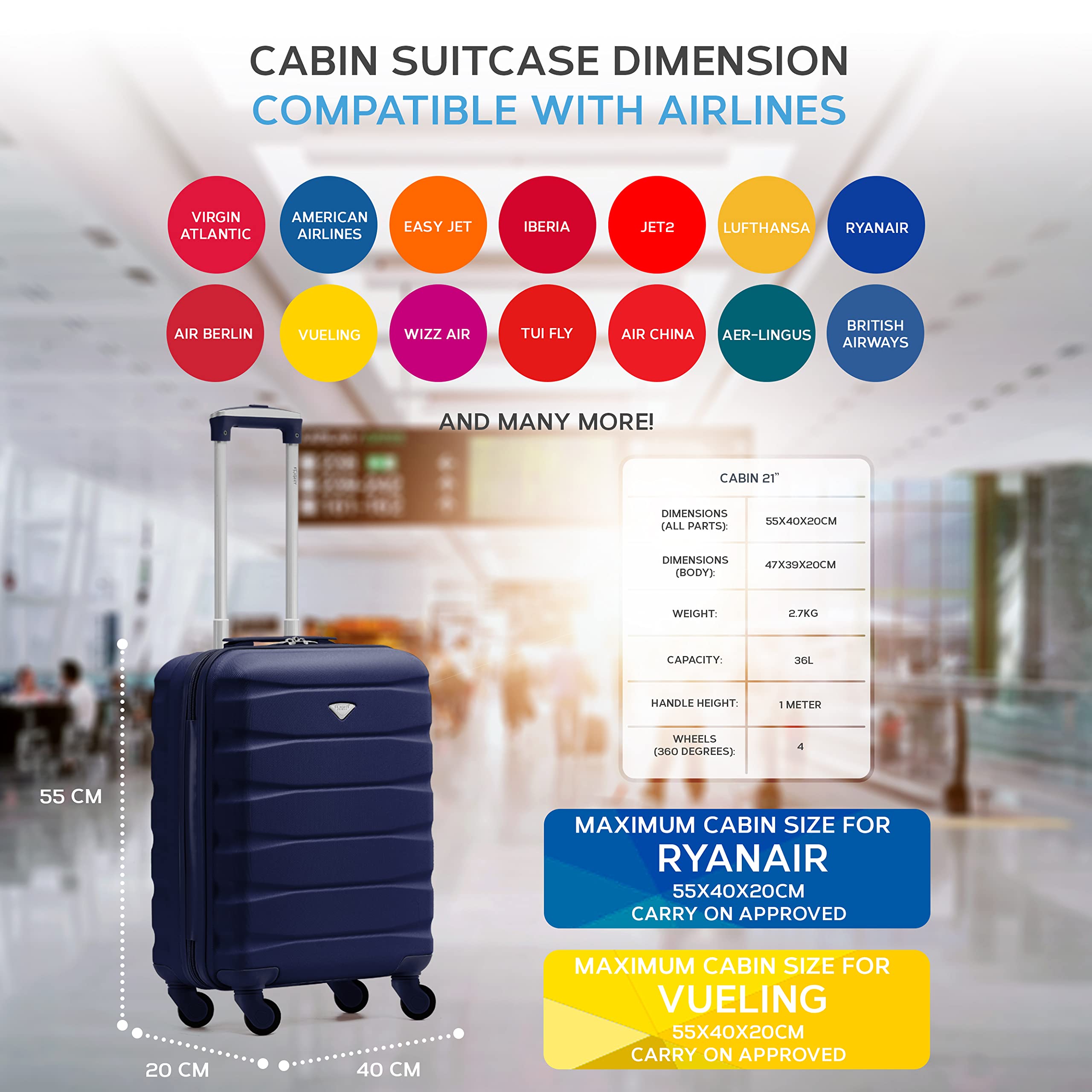 Flight Knight Cabin Suitcase 55x40x20 Ryanair Priority, EasyJet, Jet2 Lightweight Small Durable 4-Wheel Cabin Case, Carry-On for Over 60 Airlines, Hard Shell, 10kg Hand Luggage Bag (55 x 40 x 20 cm)