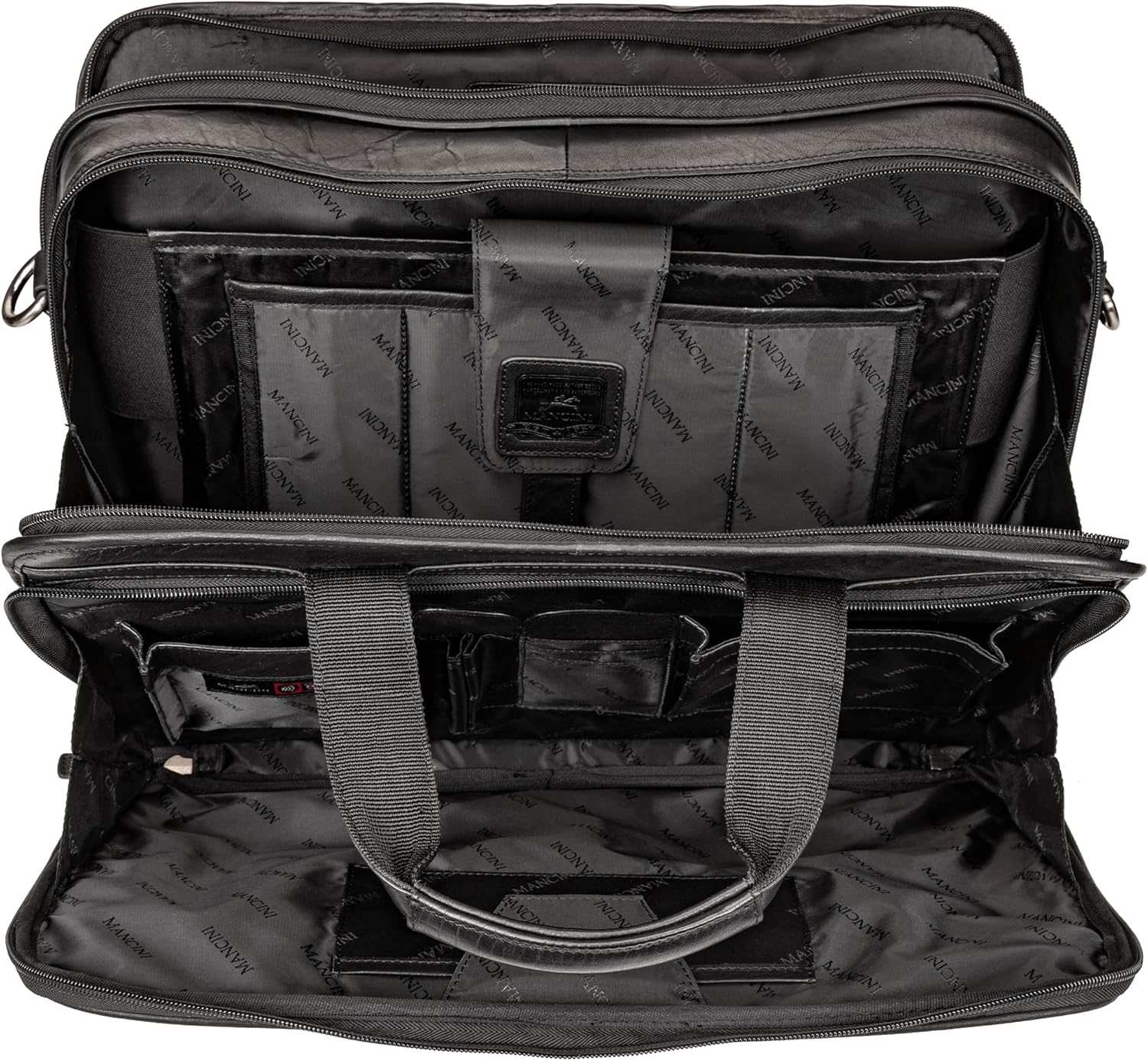 Mancini Buffalo Double Compartment Top Zipper 15.6” Laptop/Tablet Briefcase, Black, Black
