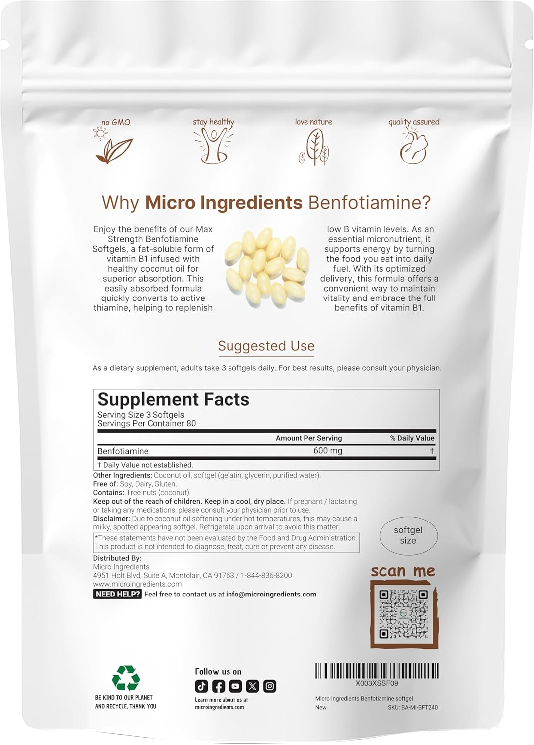 Vitamin B1 Benfotiamine 600mg Per Serving, 240 Coconut Oil Softgels | Bioavailable B Vitamins Supplement, Converted to Active Thiamine | Non-GMO, Soy Free - Image 2