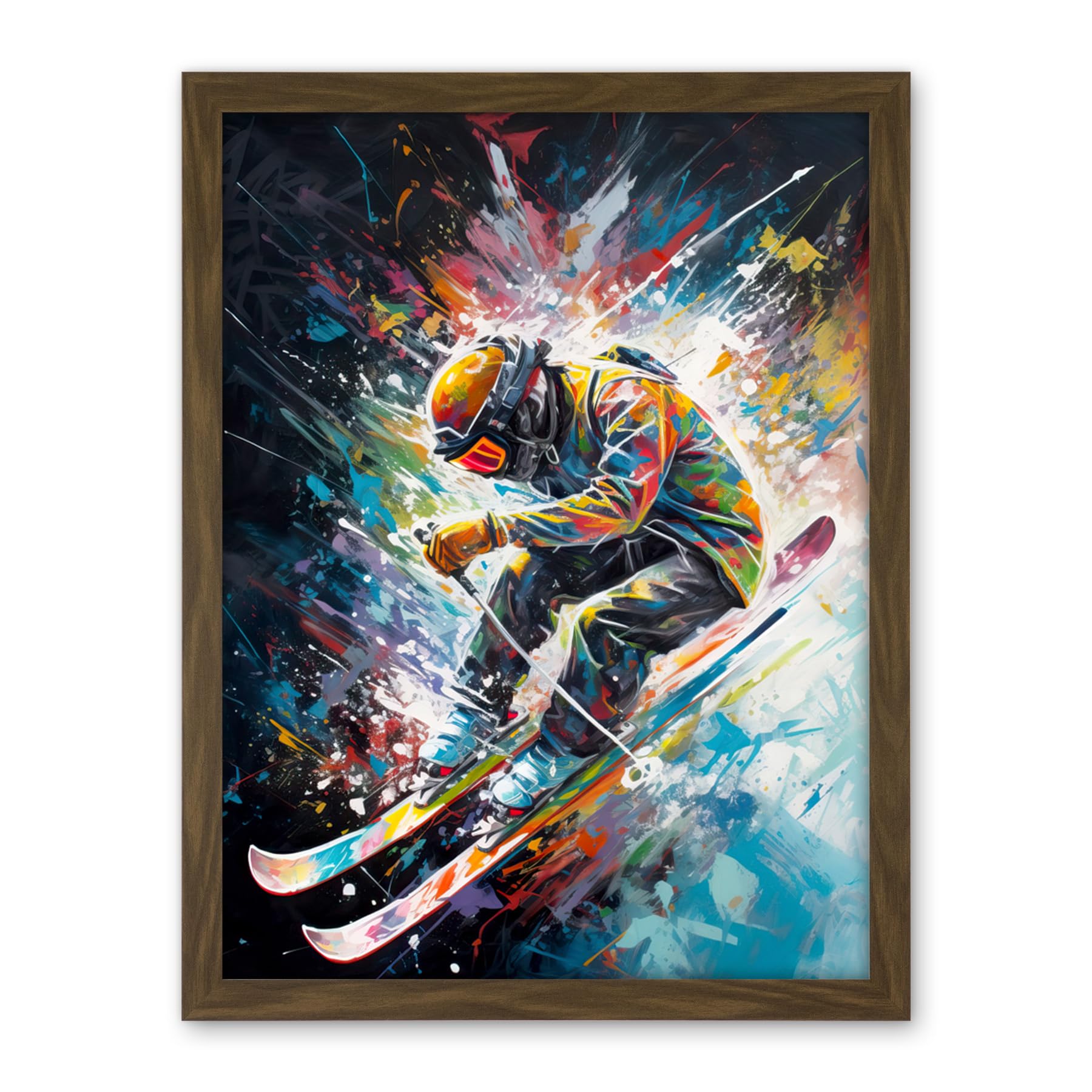 Artery8 Skier Skiing Vibrant Splatter Art Motion Painting Artwork Framed Wall Art Print 18X24 Inch