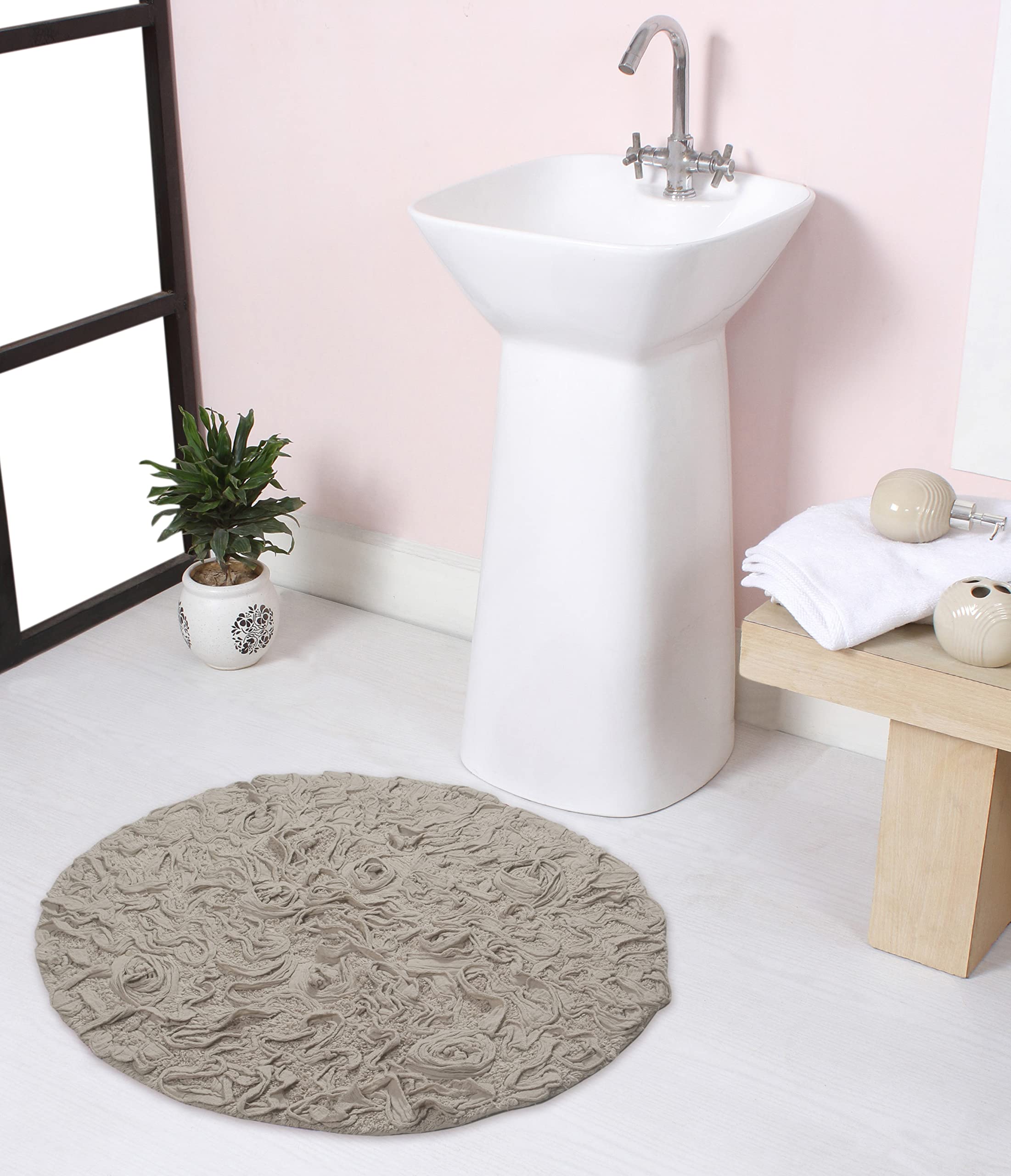 home weavers bell flower collection 100% cotton tufted bath rugs, extra soft and absorbent bath rugs, non-slip bath mats, machine washable, bath mats for bathroom floor and tub, 22" round, linen