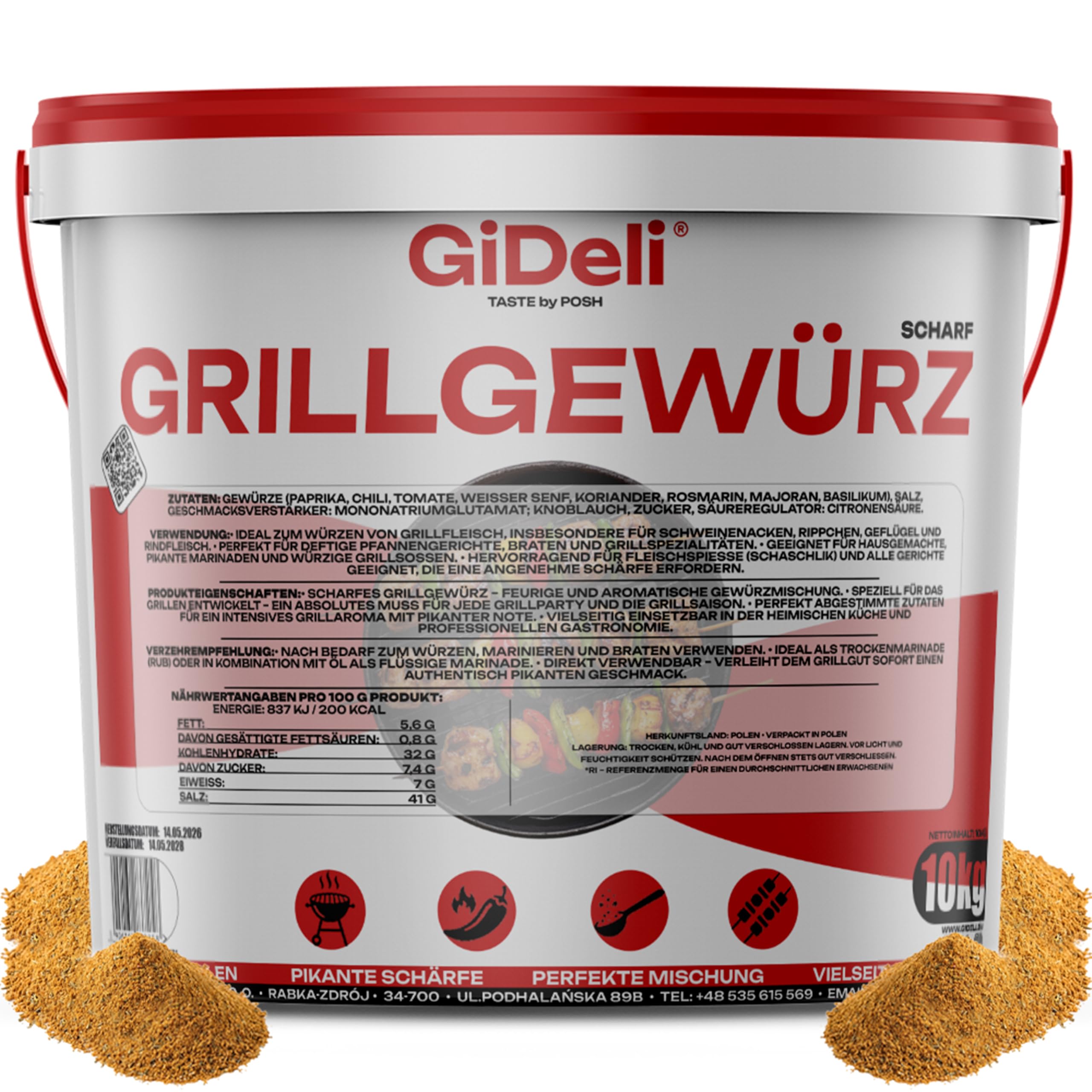GiDeli Grillgewürz Scharf 10kg im Eimer - Feurige & Aromatische Gewürzmischung für den Grill - Ideal für Schweinenacken, Rippchen, Geflügel & Schaschlik - Trockenmarinade & Rub - Sofort Einsatzbereit