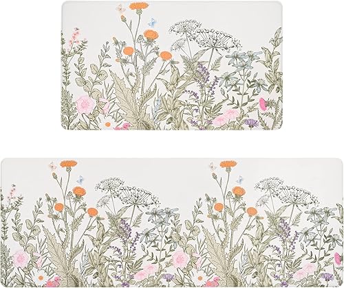 Alishomtll 2 alfombras y tapetes de cocina, acolchados florales antifatiga, impermeables, antideslizantes, lavables, para cocina, suelo, lavandería,