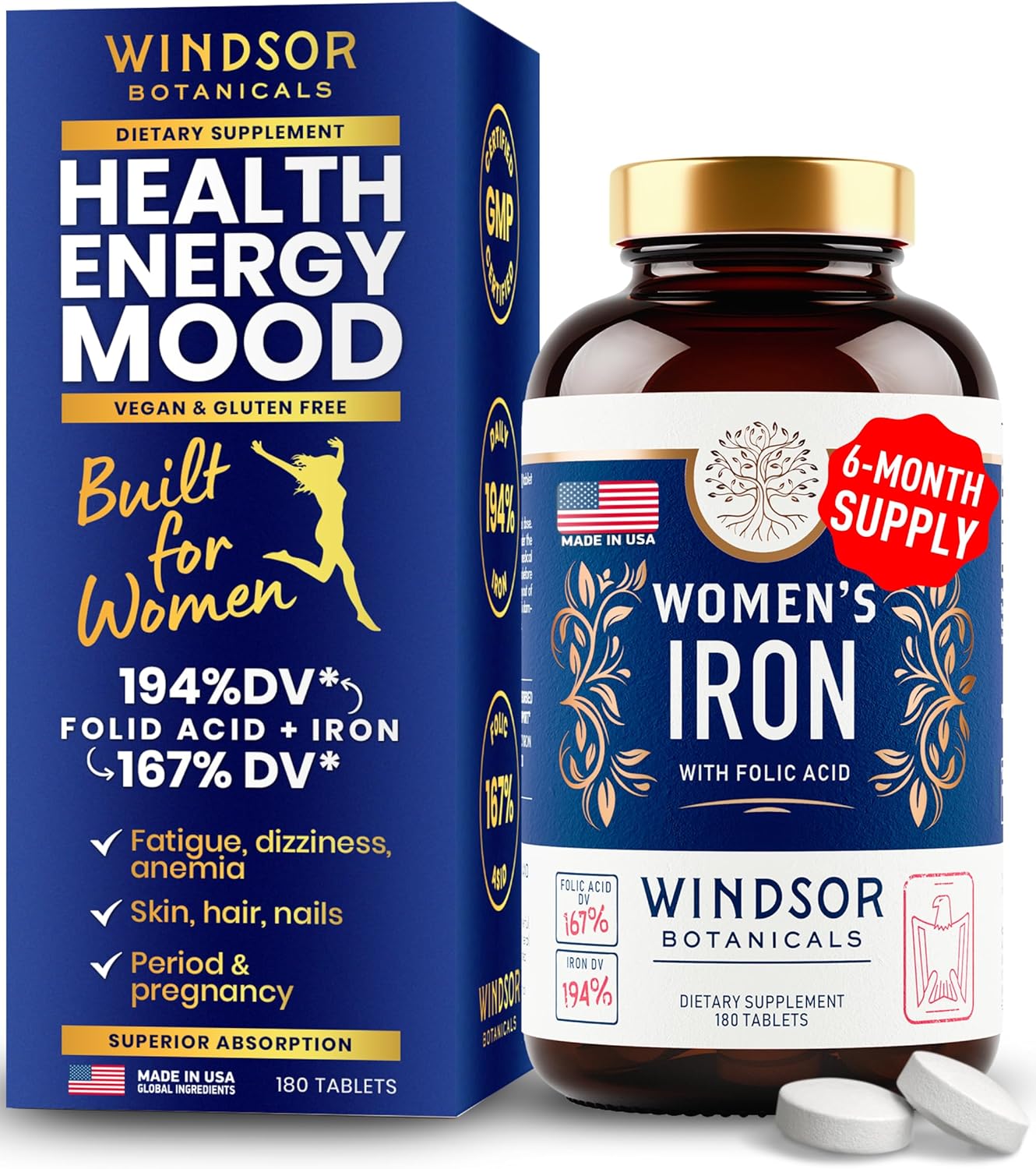 WINDSOR BOTANICALS Iron Supplement and PMS Relief Bundle for Women