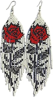 Long Beaded Dangle Earrings – Boho Native Handmade Seed Bead Tassel Earrings, Bohemian Large Statement Beaded Drop Fringe Earrings for Women and Girls (craftsCorner-Eva4)