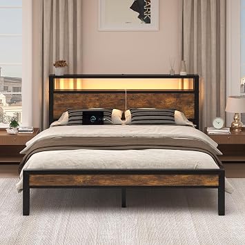 LoVinson Queen Size Bed Frame with Charging Station and LED Lights, Metal Platform Bed with 2-Tier Storage Headboard, Noise Free, No Box Spring Needed, Easy Assembly, Rustic Brown
