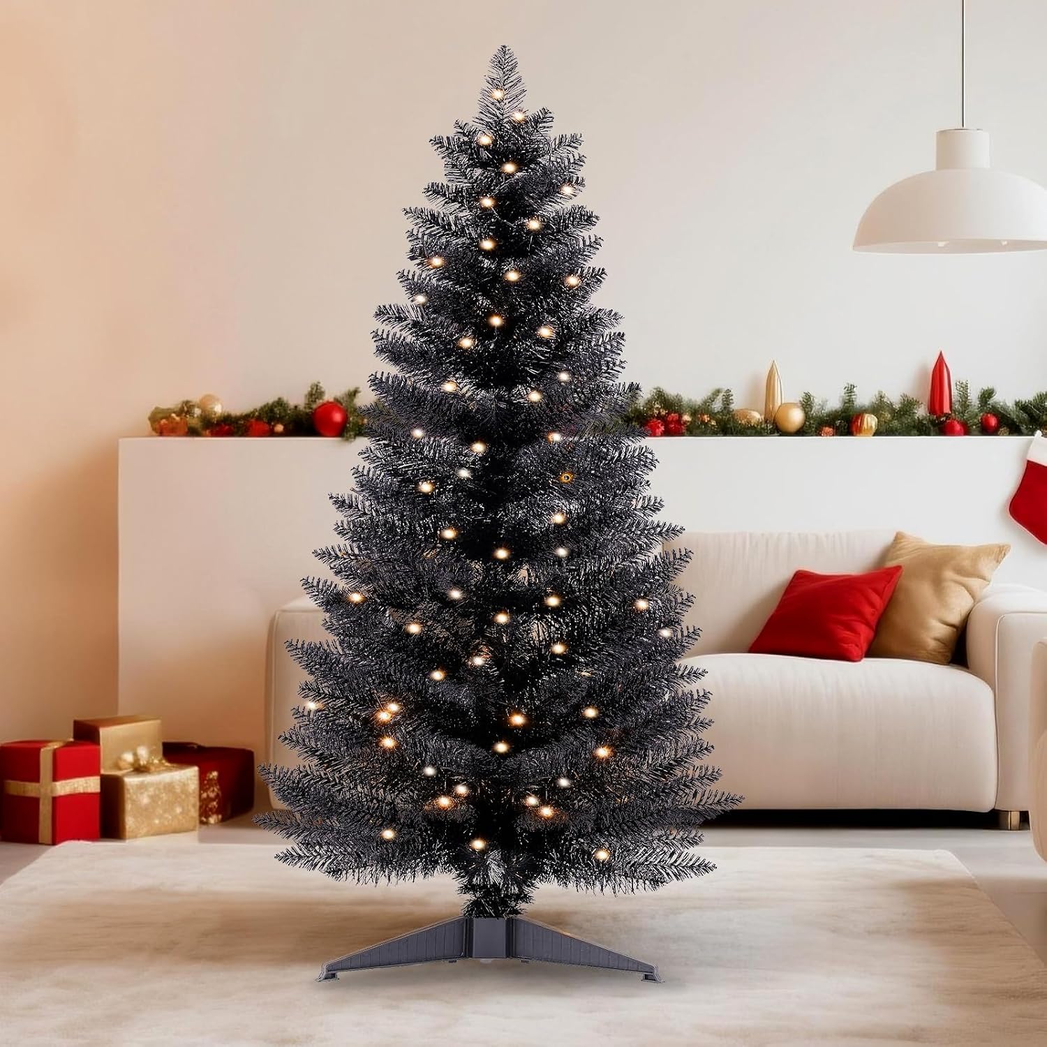 Santanelo 4ft Lighted Halloween Black Christmas Tree, Artificial Christmas Tree with Lights,Small Snowy Artificial Xmas Tree for Home, mini Table Tree not pre lite,Shops and Holiday Decoration