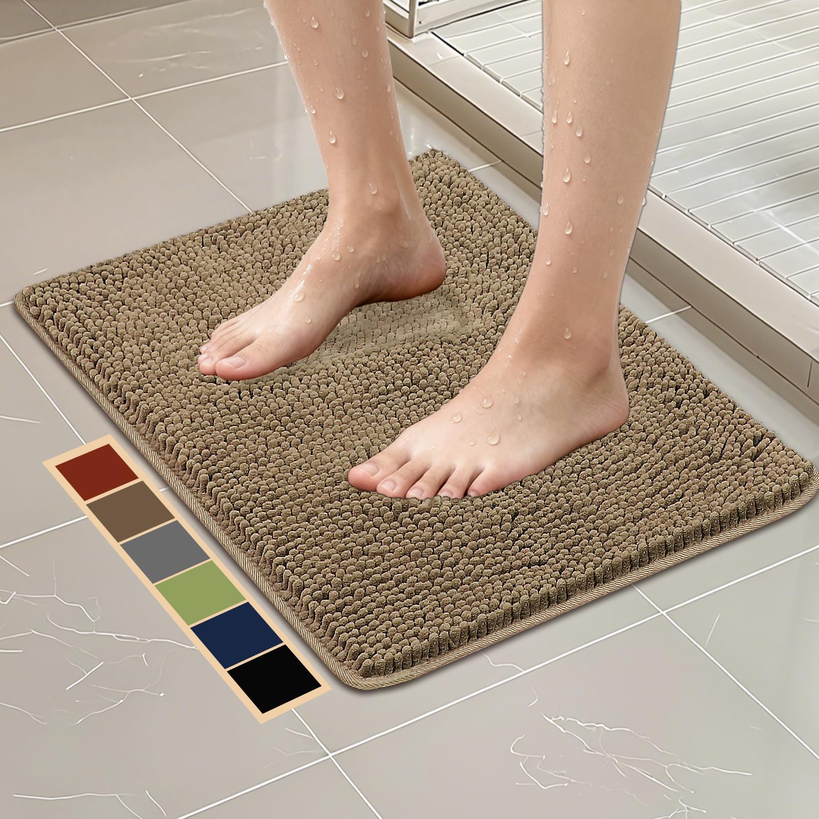 Bcoimo 24 17 Absorbent Bath Mat Non-Slip with Backing Chenille Bath Rug and Machine Washable Bathroom Mat Quick-Dry