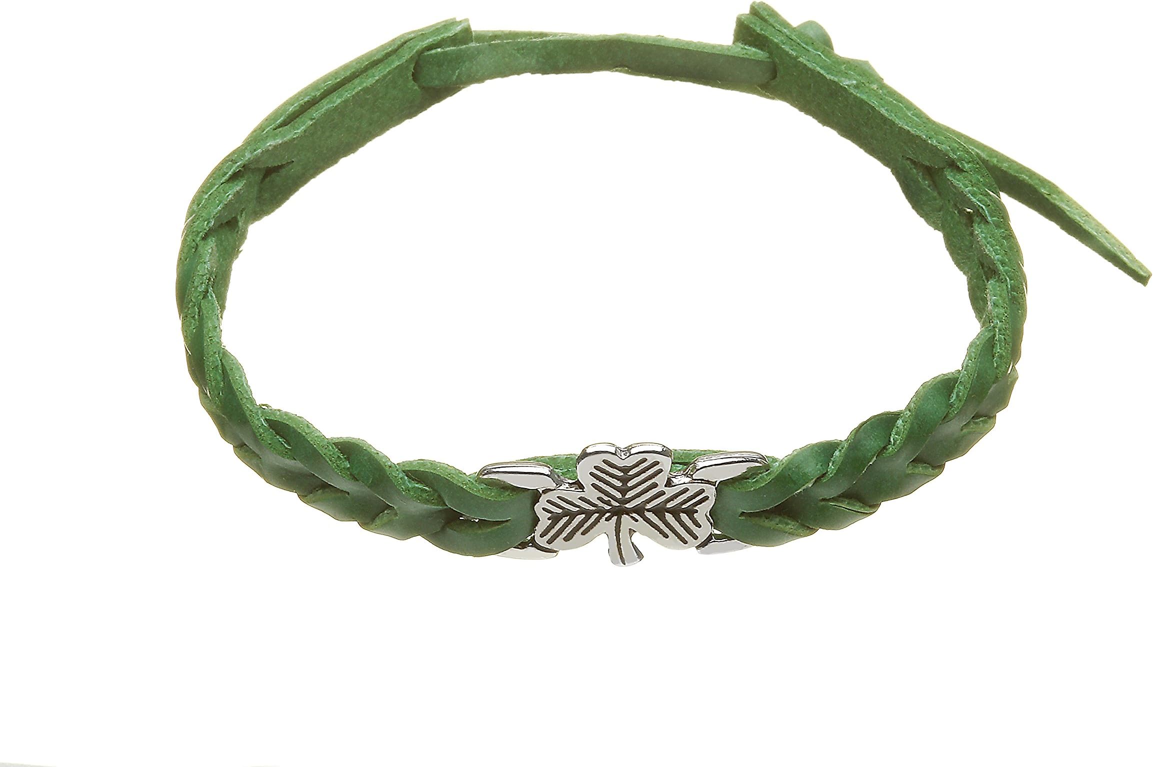 Amethyst Green Leather Plaited Wristband with a Flat Silver and Black Shamrock Charm