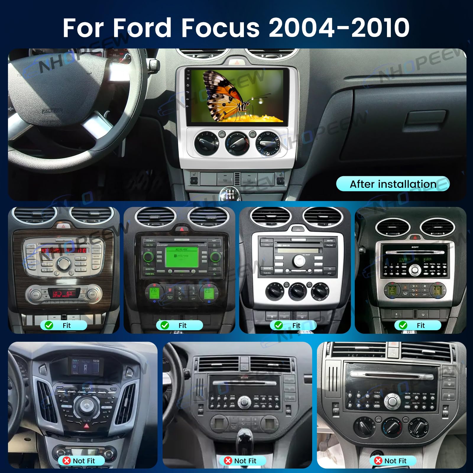 NHOPEEW 4+64G Radio de Coche para Ford Focus 2004-2010 - Radio Android de 9 Pulgadas con Inalámbrico Carplay y Android Auto - Mirror Link 32EQ DSP Pantalla Dividida + Cámara de Reversa & Micrófono