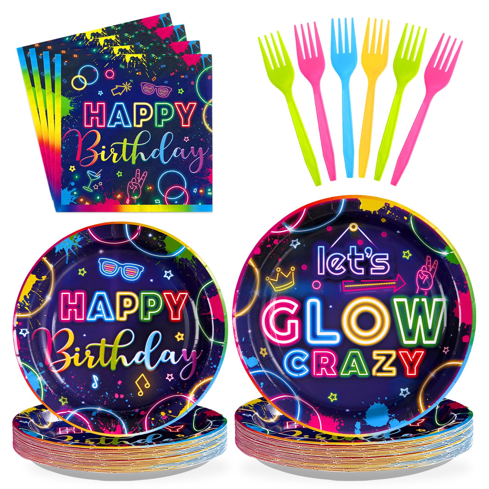 96Pcs Neon Party Supplies Let's Glow Party Decorations, Serves 24