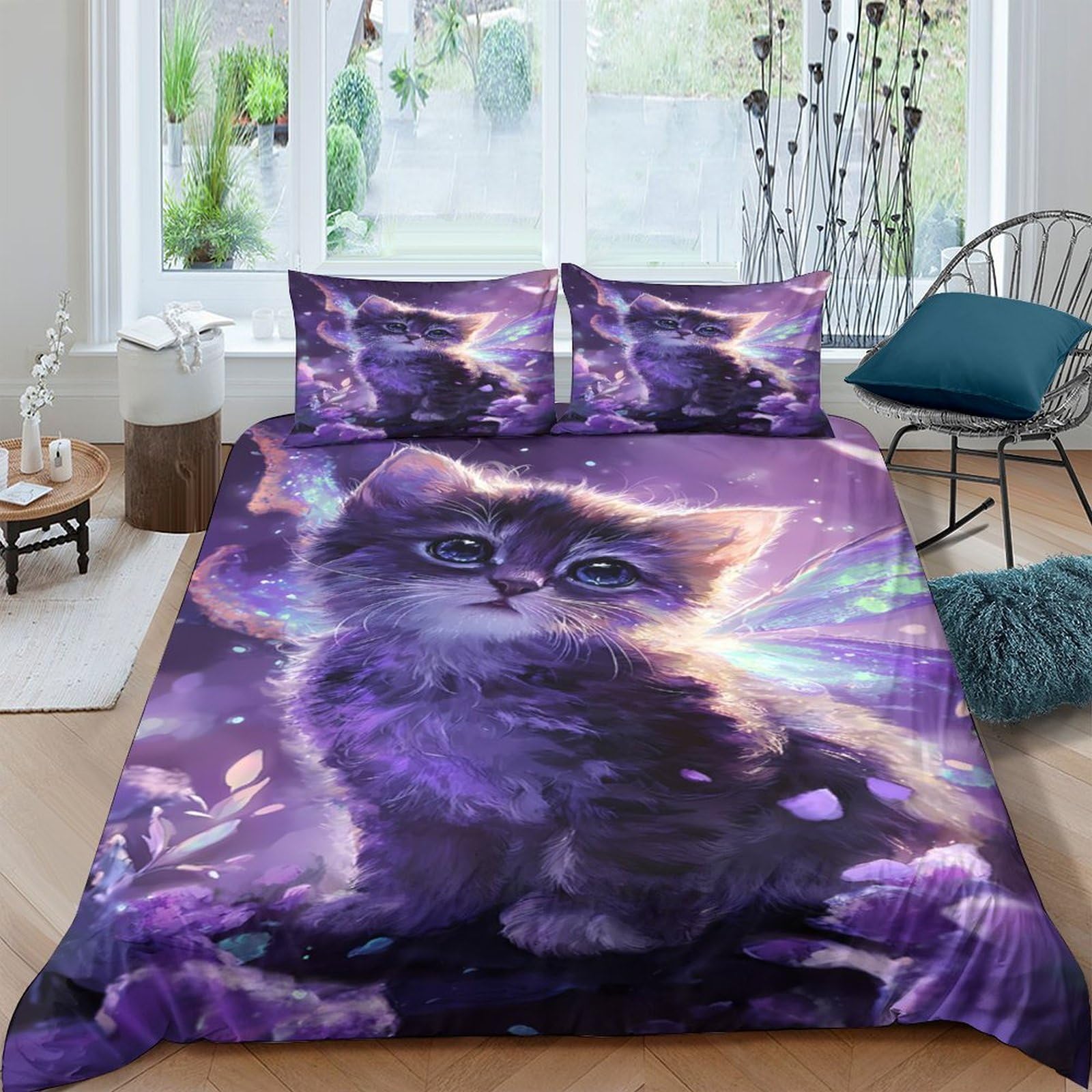 Ctjqhvkz Style-8 3D Printed Purple Galaxy Cat Fitted Sheet Microfiber Soft Bed Cover Cosmic Nebula Mattress Protection Decor Single（135X200cm）