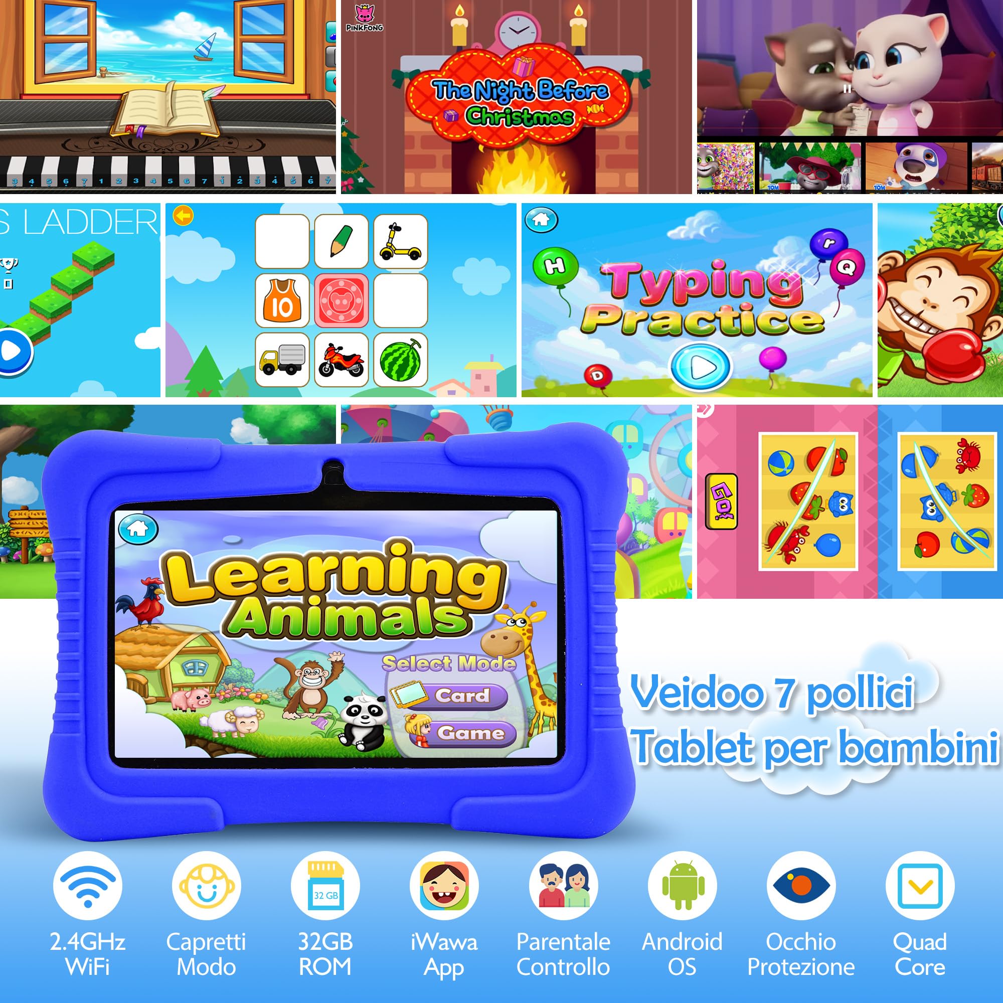 Veidoo Tablet per Bambini, 7 Pollici, Android Tablet PC 2GB RAM / 32GB ROM, Schermo Tattile HD IPS 1024 * 600, Controllo Parentale, WiFi, Type-C, Doppia Fotocamera Tablet Educativo (Blu Scuro)